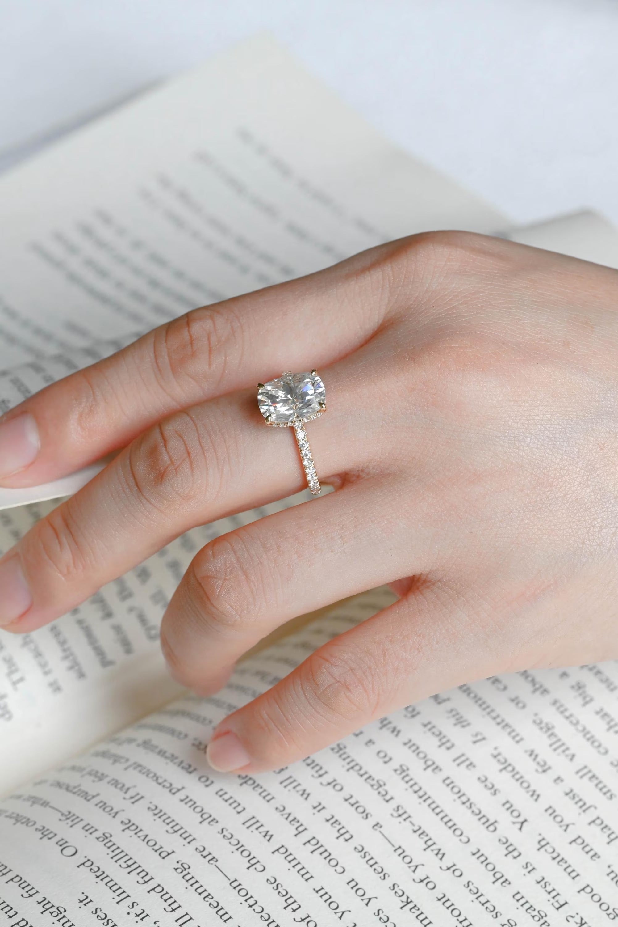 Solid Gold Elongated Cushion Cut Moissanite Engagement Ring, Proposal Ring