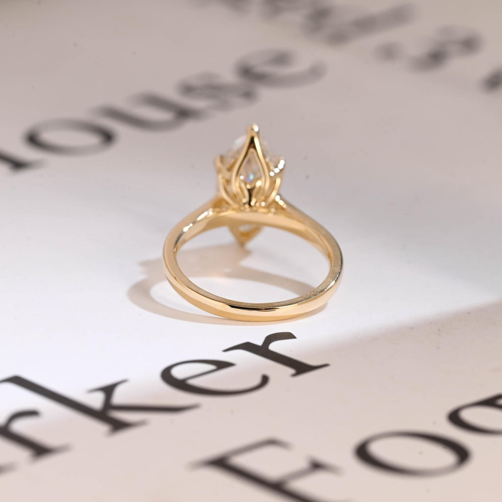 Solid Gold Tulip Floral Ring, Marquise Moissanite Engagement Ring, Engraved Ring
