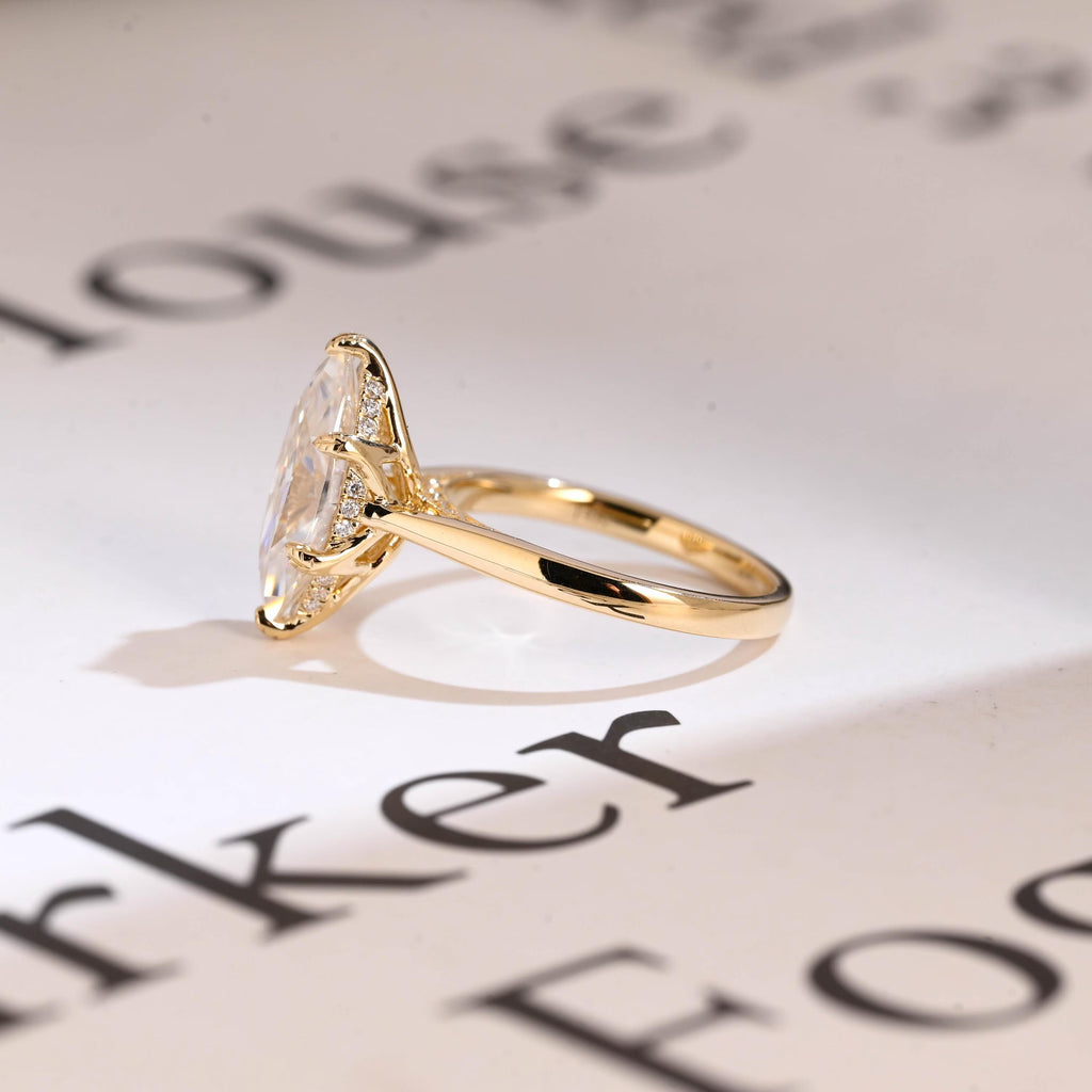 Solid Gold Tulip Floral Ring, Marquise Moissanite Engagement Ring, Engraved Ring