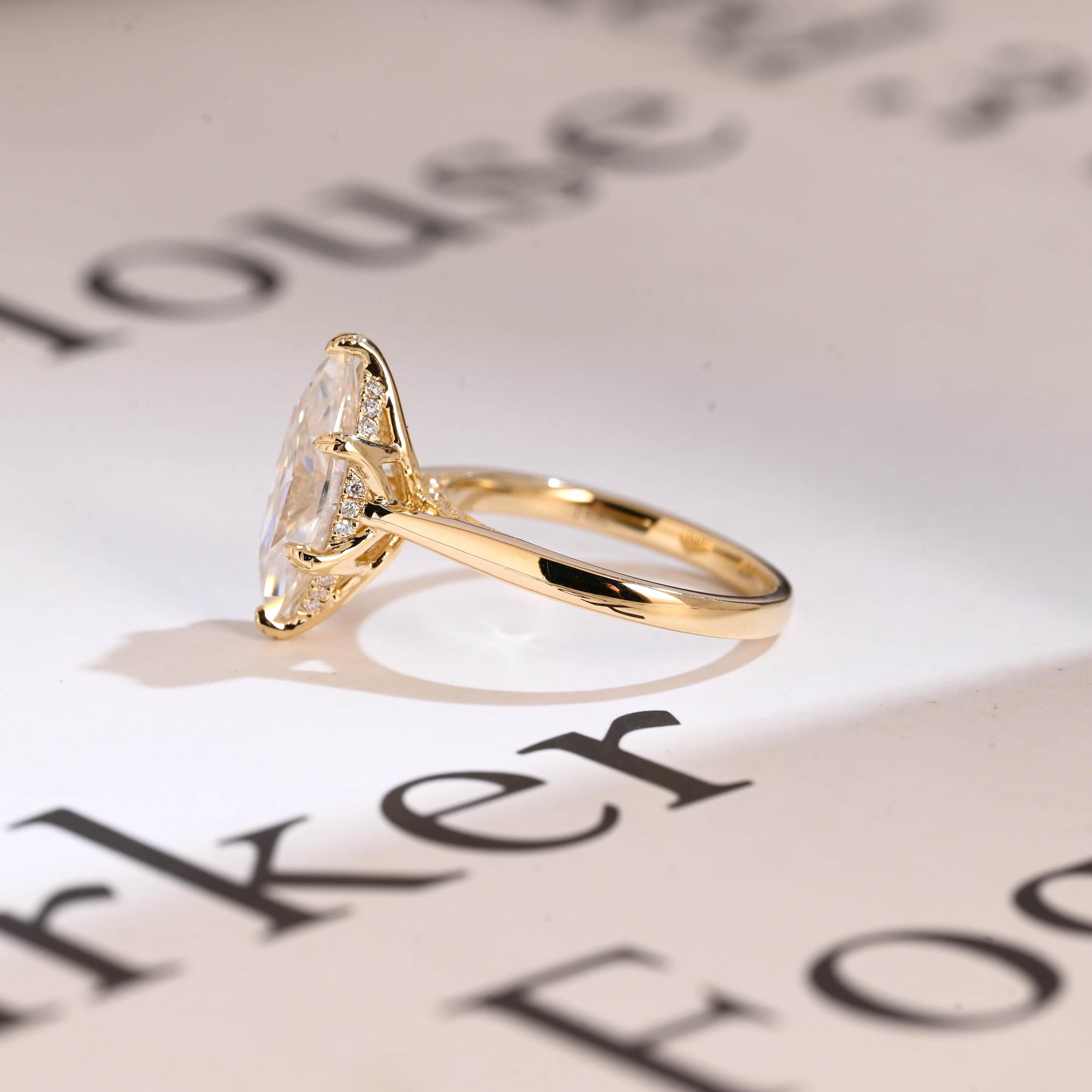 Solid Gold Tulip Floral Ring, Marquise Moissanite Engagement Ring, Engraved Ring