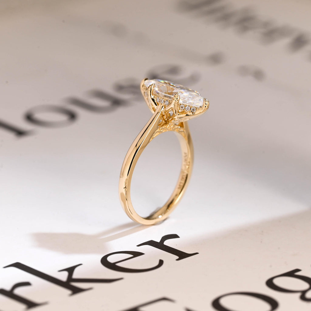 Solid Gold Tulip Floral Ring, Marquise Moissanite Engagement Ring, Engraved Ring