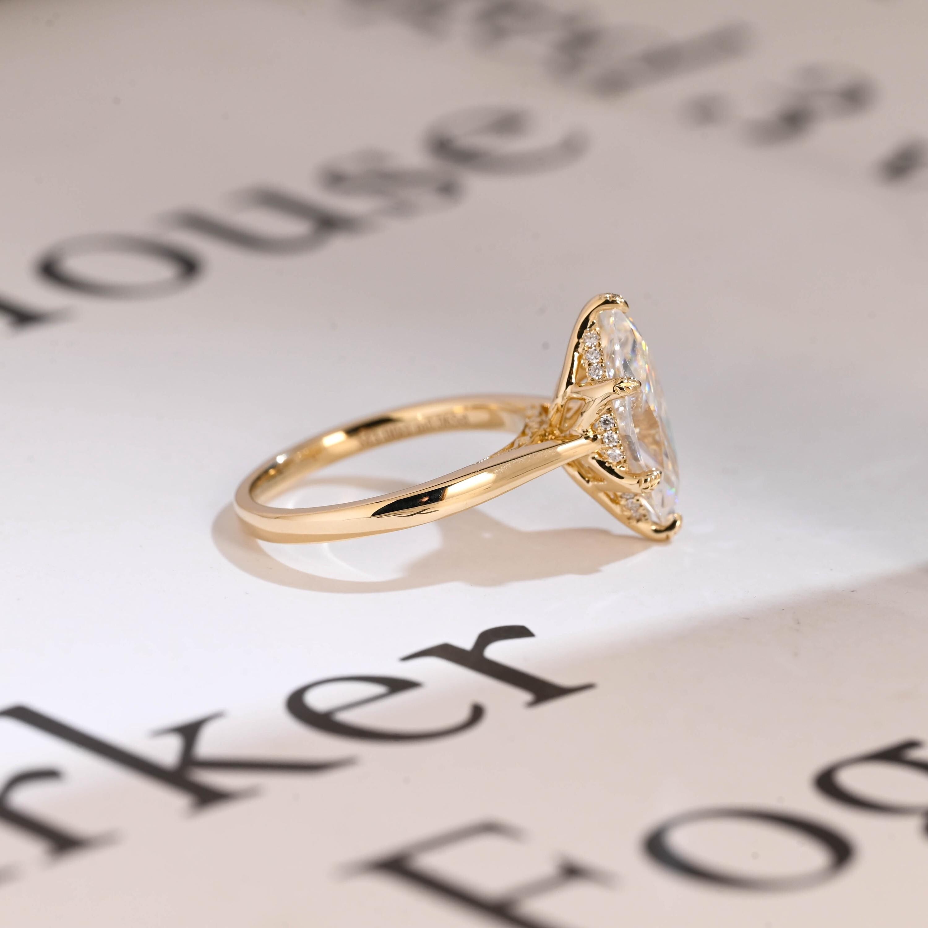 Solid Gold Tulip Floral Ring, Marquise Moissanite Engagement Ring, Engraved Ring