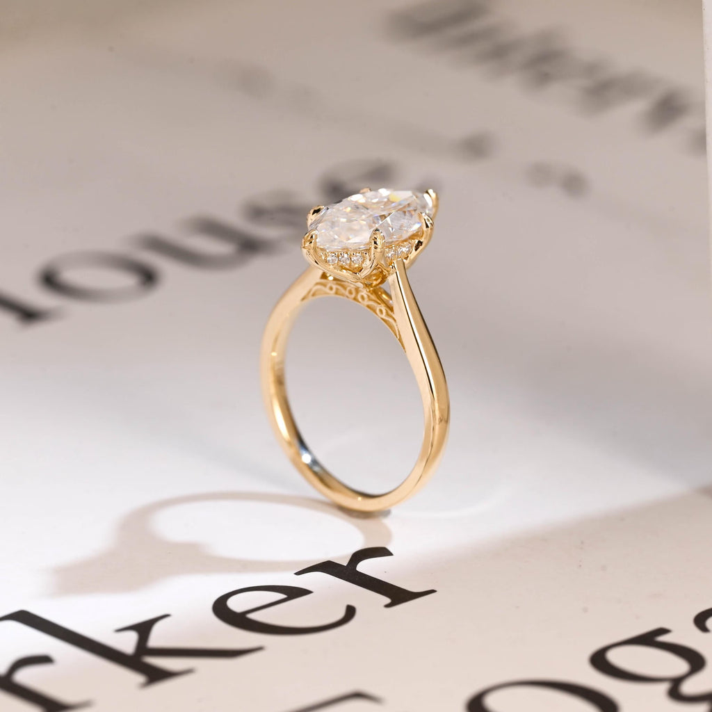 Solid Gold Tulip Floral Ring, Marquise Moissanite Engagement Ring, Engraved Ring