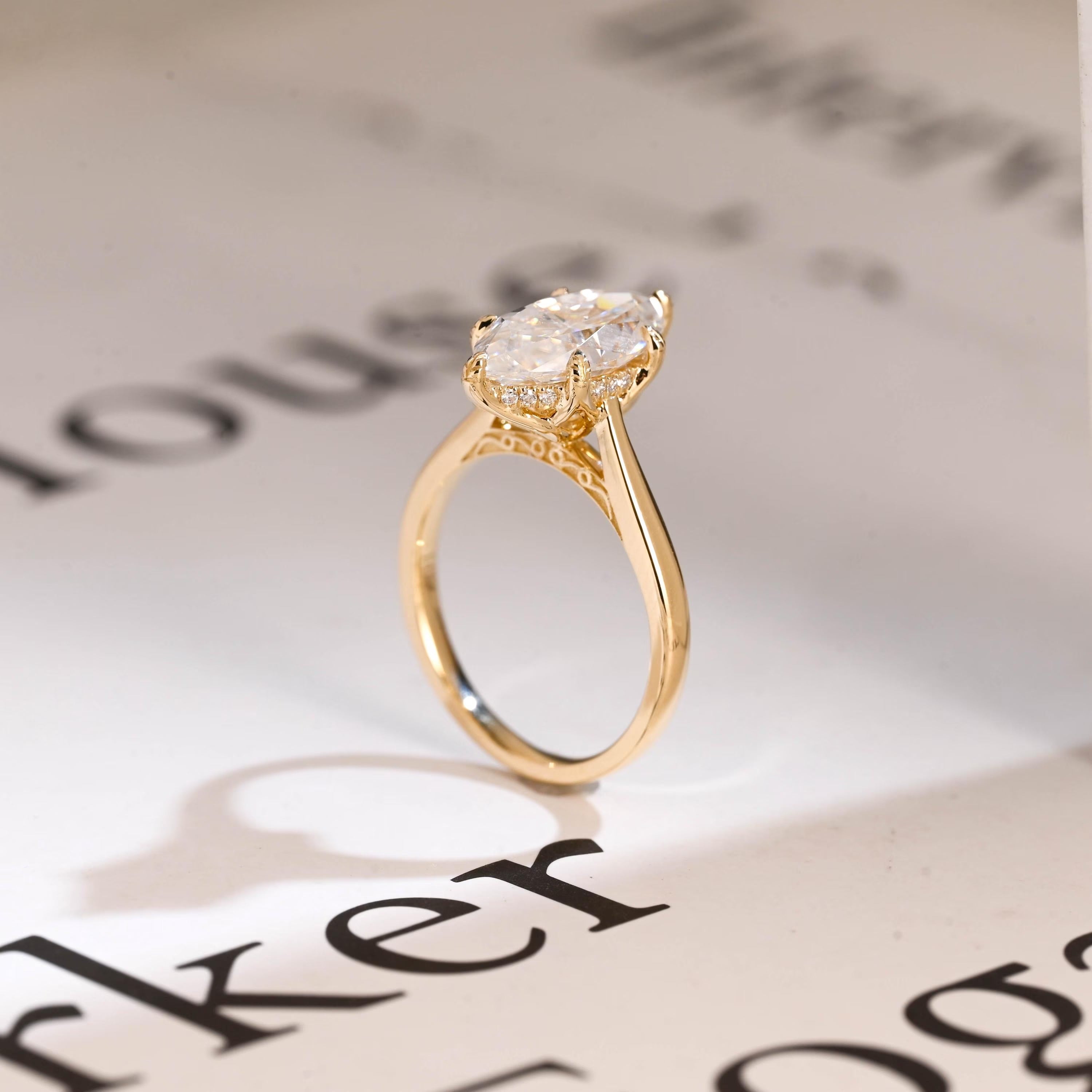 Solid Gold Tulip Floral Ring, Marquise Moissanite Engagement Ring, Engraved Ring