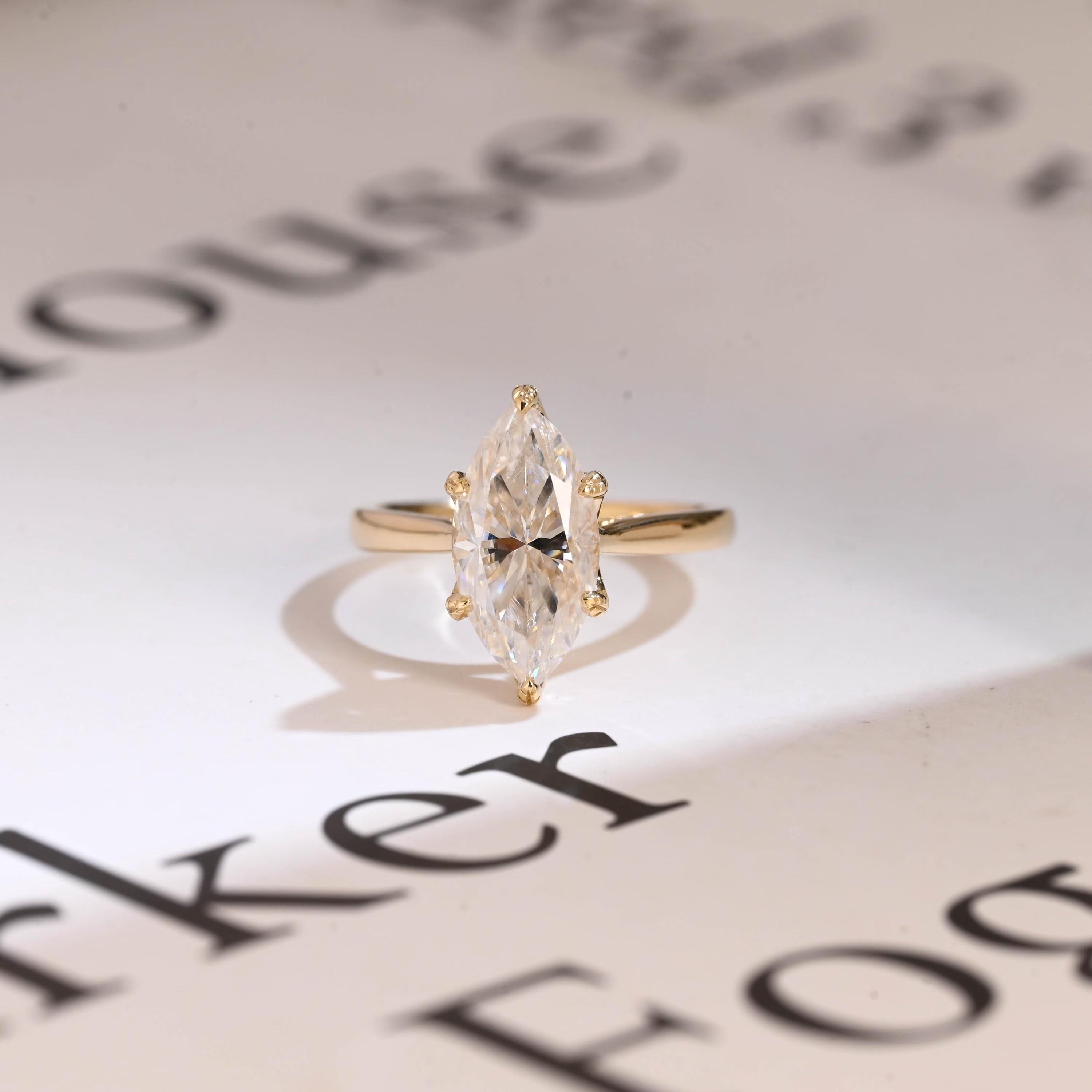 Solid Gold Tulip Floral Ring, Marquise Moissanite Engagement Ring, Engraved Ring Main image