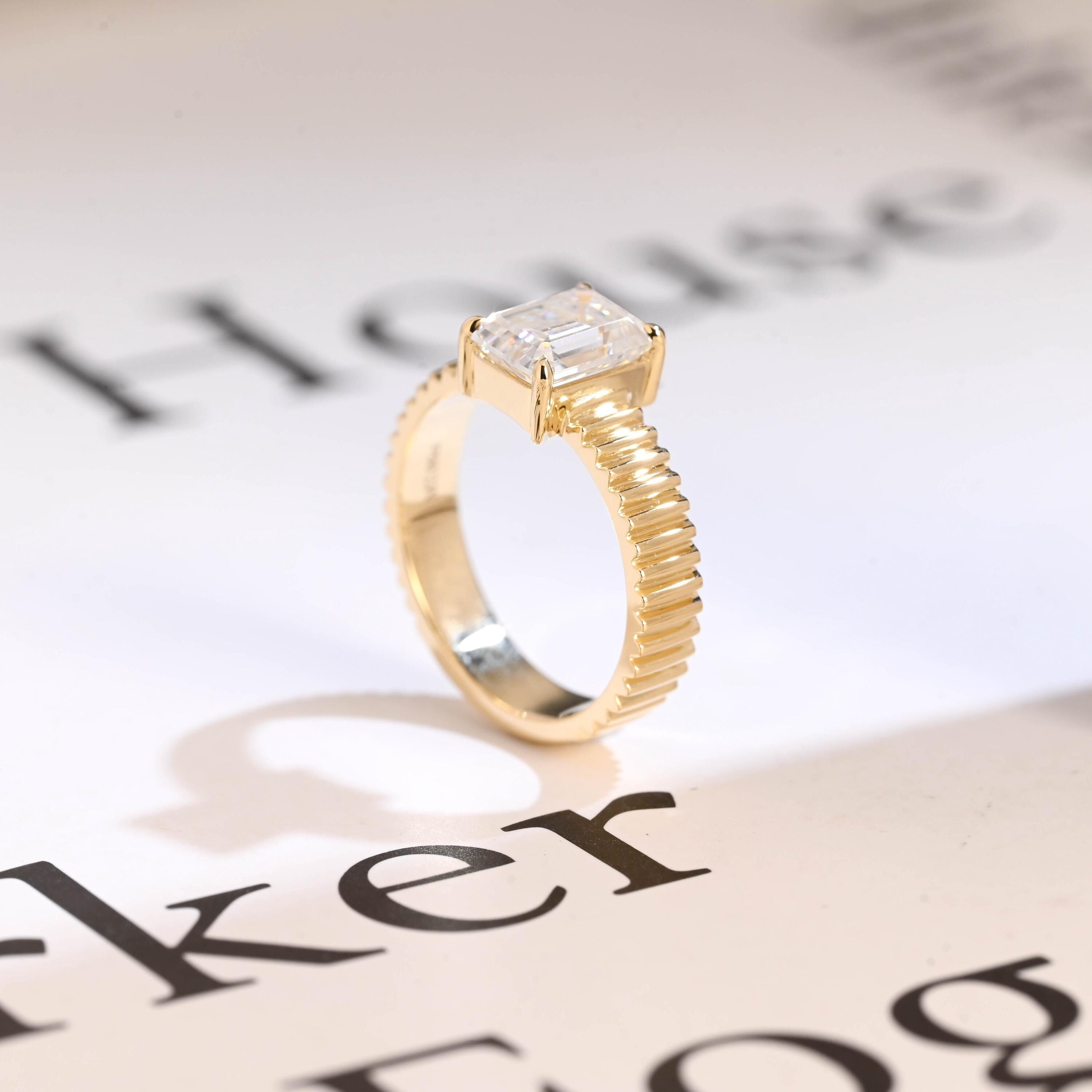 Solid Gold 4mm Ribbed Band Emerald Cut Moissanite Engagement Ring, Promise Ring