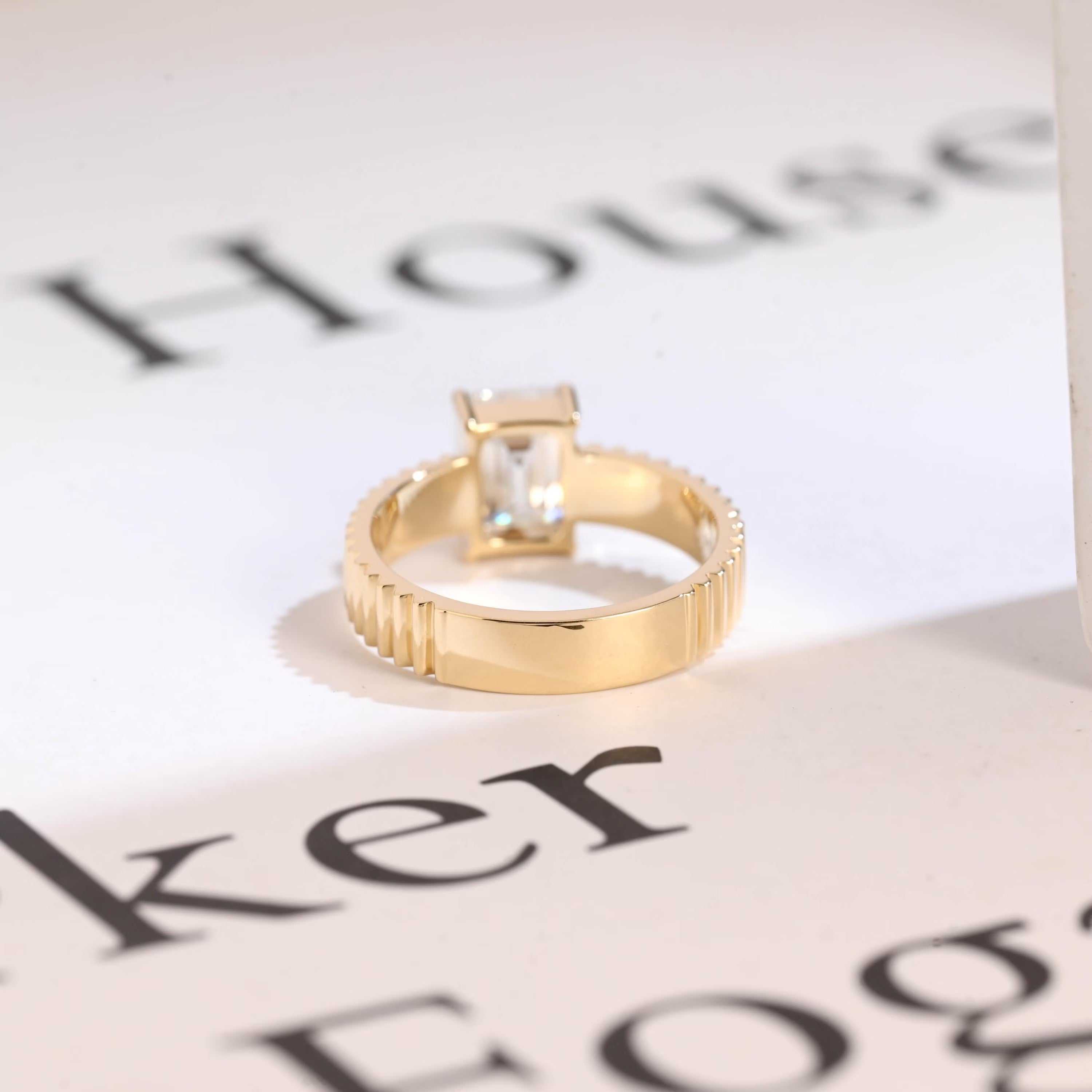Solid Gold 4mm Ribbed Band Emerald Cut Moissanite Engagement Ring, Promise Ring