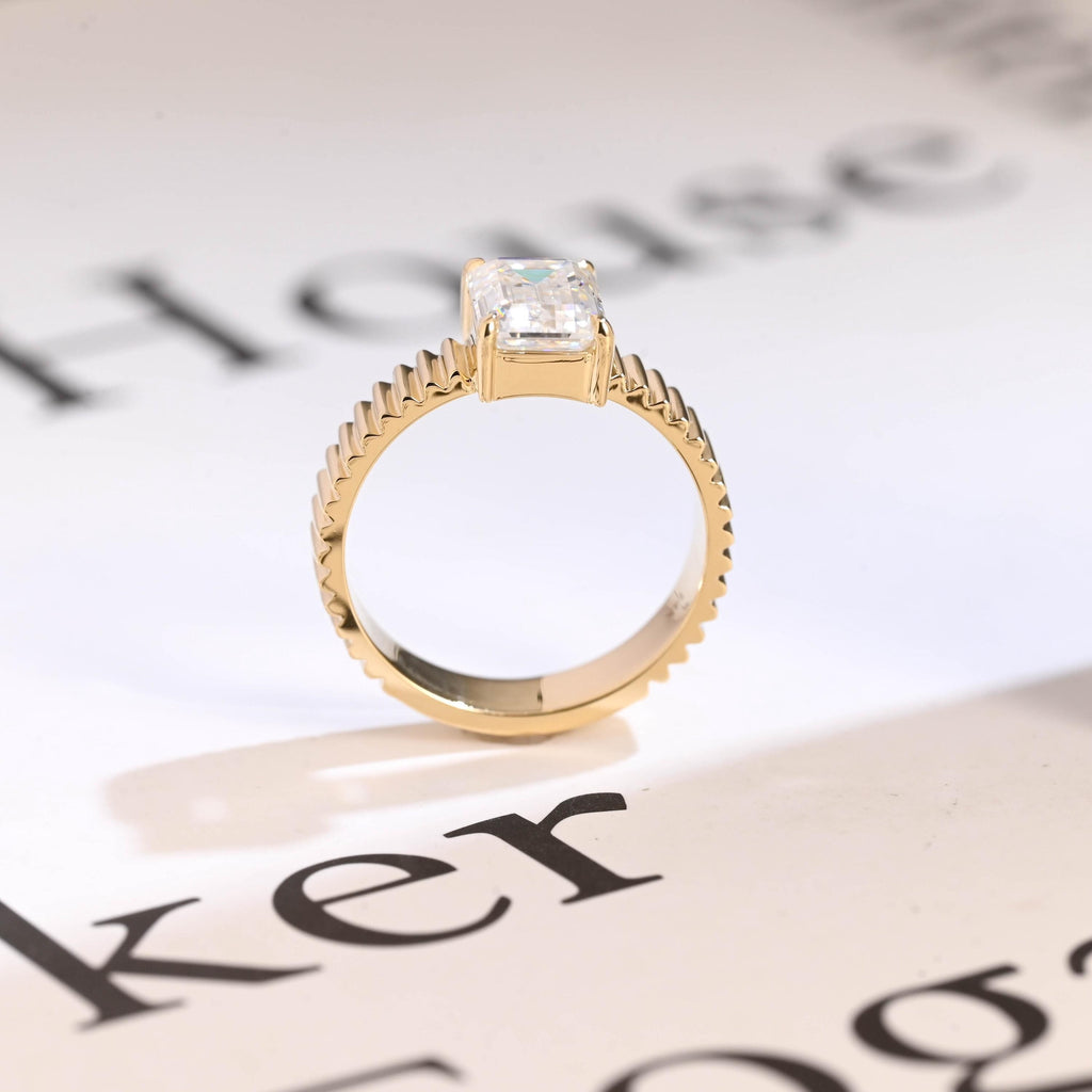 Solid Gold 4mm Ribbed Band Emerald Cut Moissanite Engagement Ring, Promise Ring