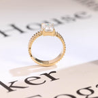 Solid Gold 4mm Ribbed Band Emerald Cut Moissanite Engagement Ring, Promise Ring