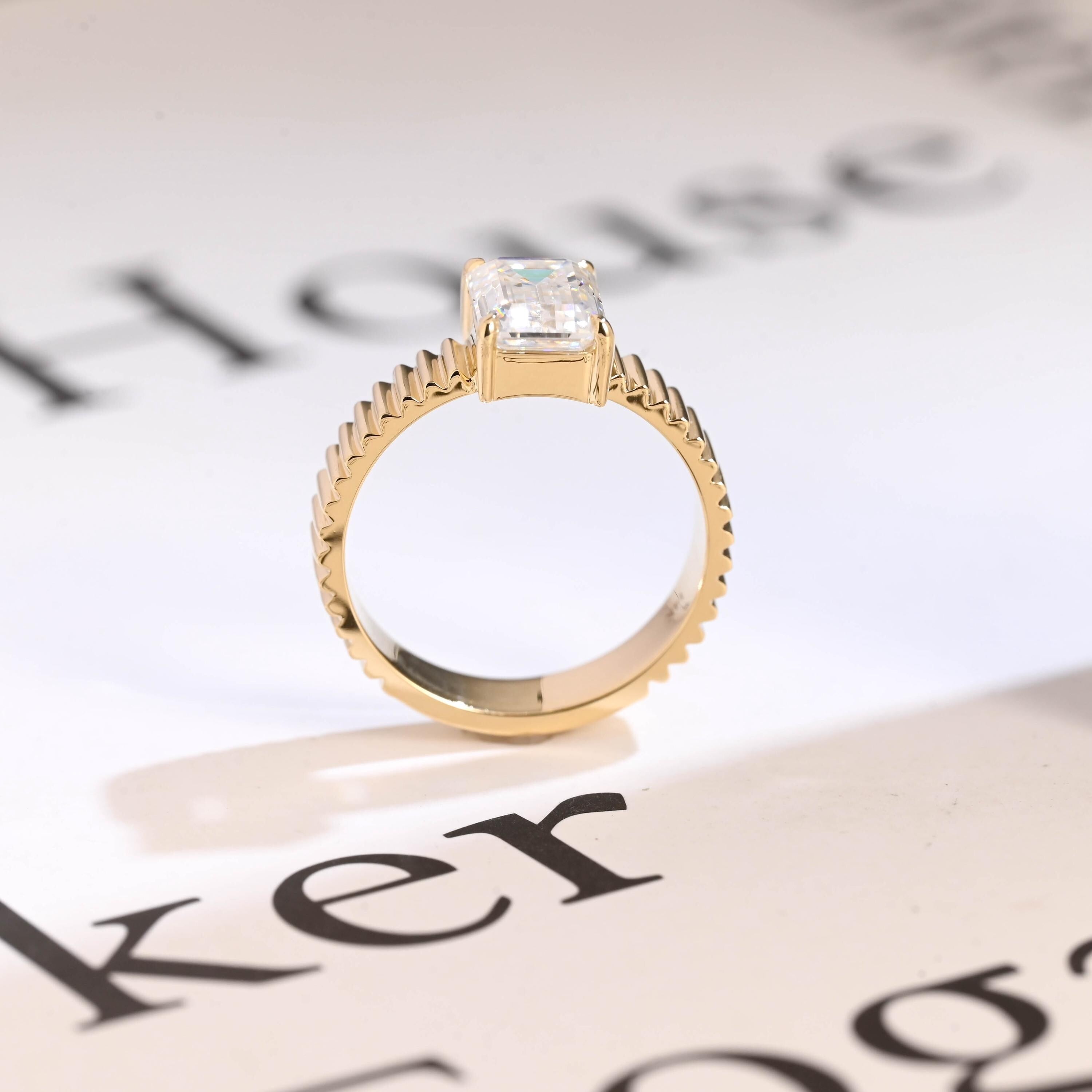 Solid Gold 4mm Ribbed Band Emerald Cut Moissanite Engagement Ring, Promise Ring