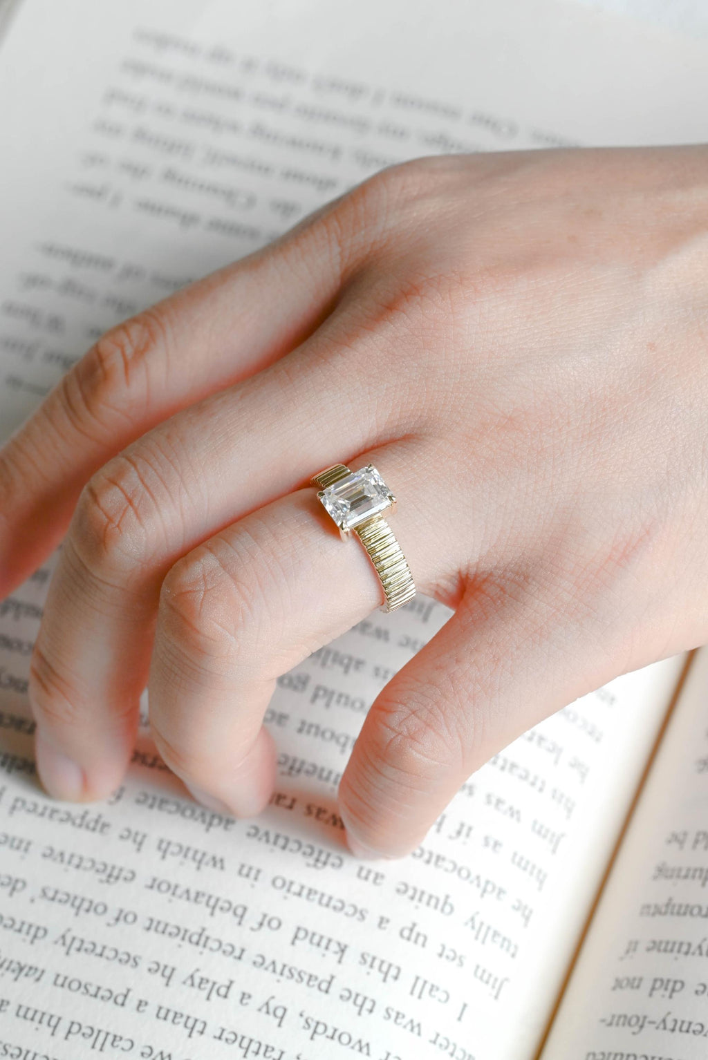 Solid Gold 4mm Ribbed Band Emerald Cut Moissanite Engagement Ring, Promise Ring