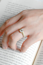 Solid Gold 4mm Ribbed Band Emerald Cut Moissanite Engagement Ring, Promise Ring