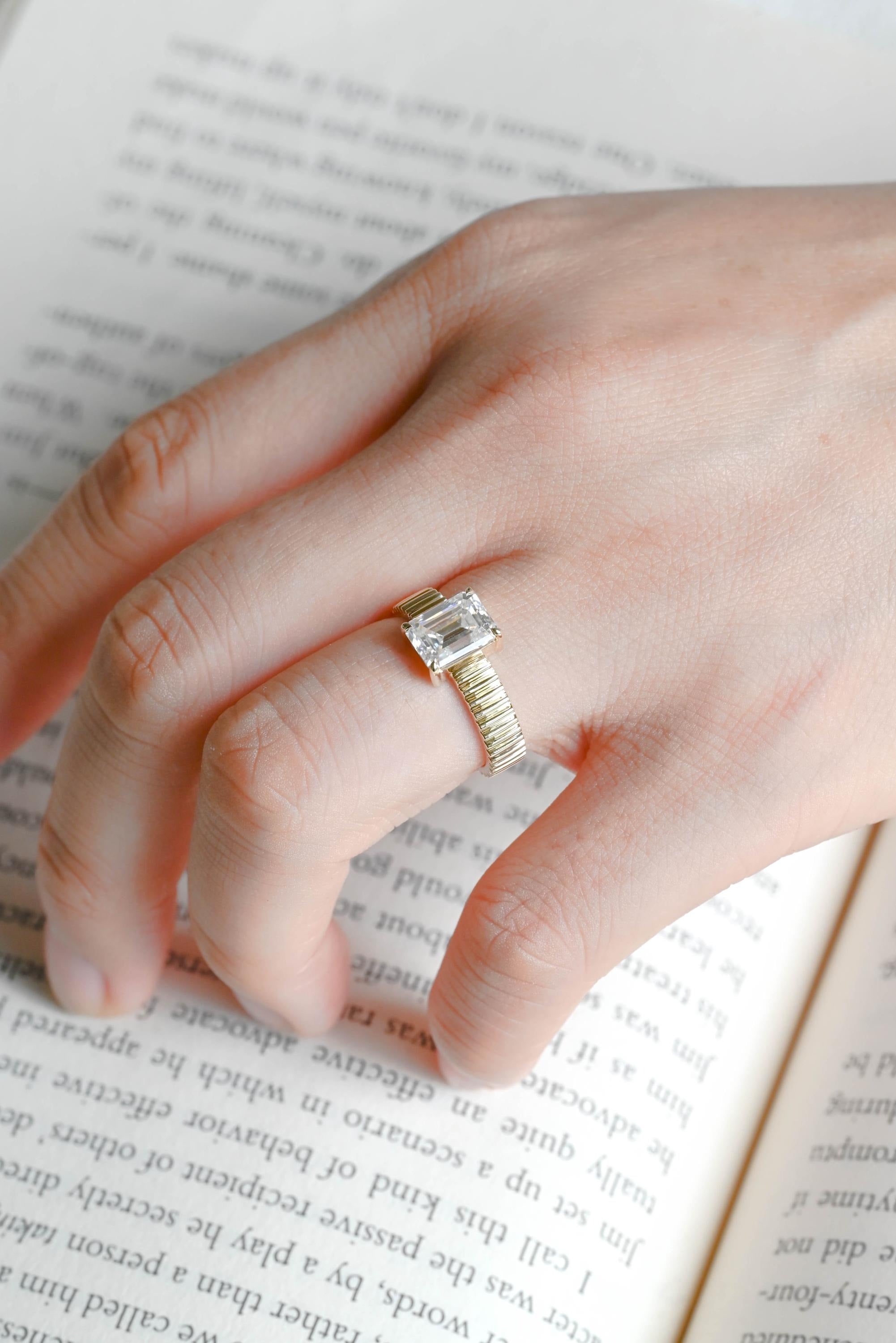 Solid Gold 4mm Ribbed Band Emerald Cut Moissanite Engagement Ring, Promise Ring