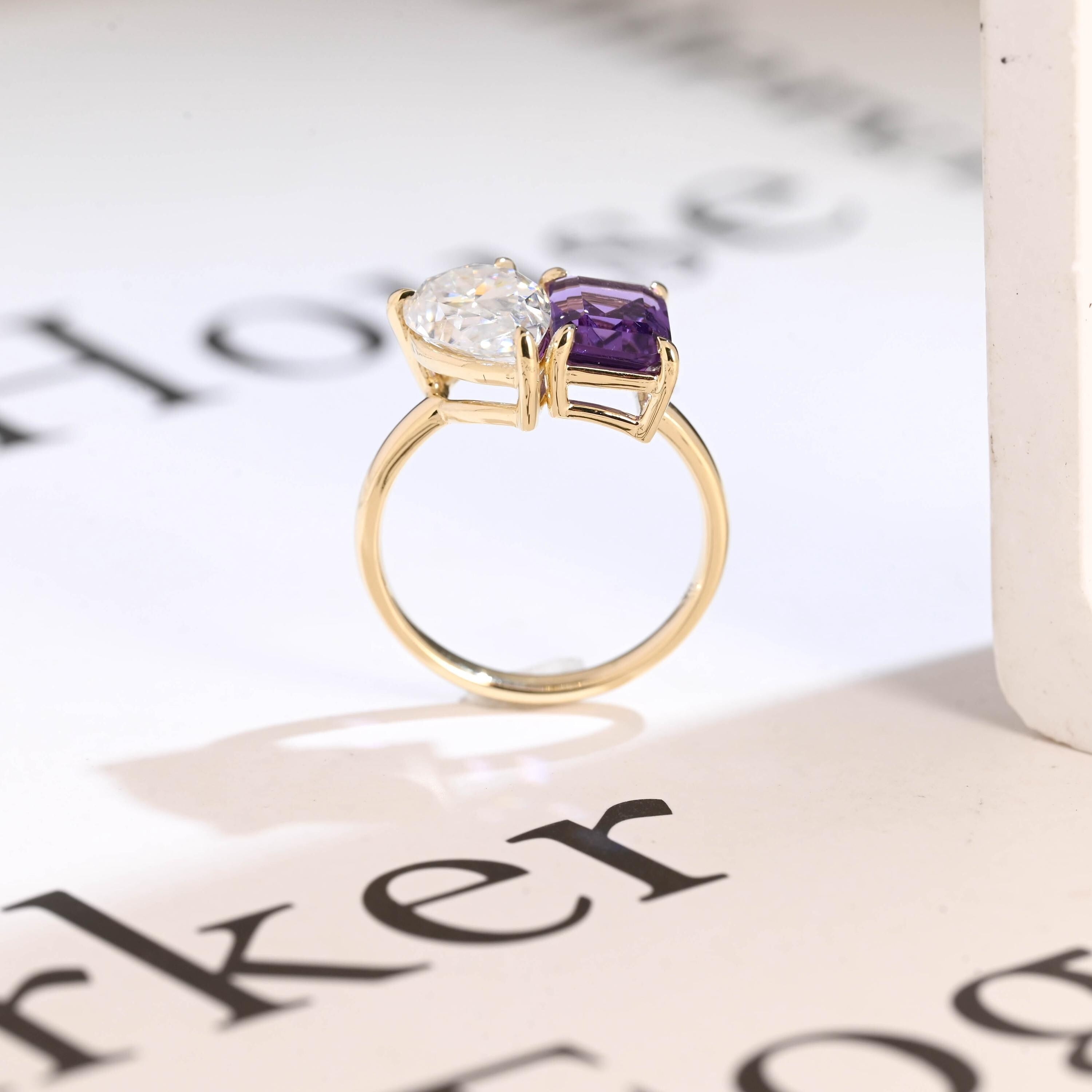 Solid Gold Toi et Moi Pear Moissanite & Emerald Amethyst Engagement Ring
