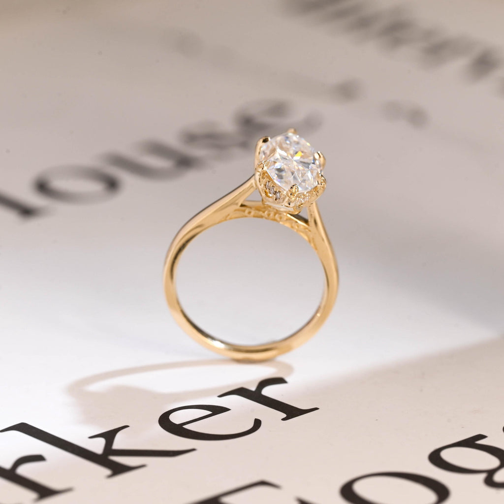 Solid Gold Tulip Floral Ring, Marquise Moissanite Engagement Ring, Engraved Ring