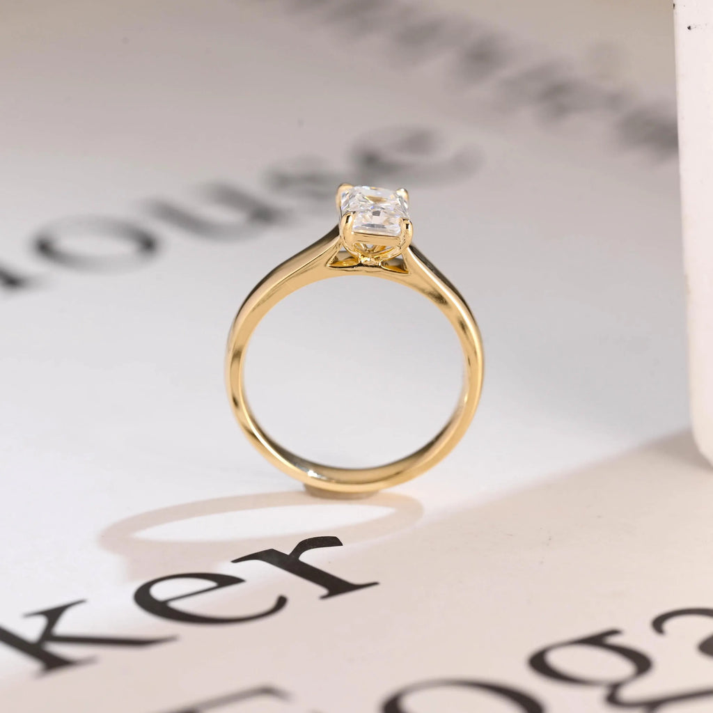 Solid Gold Radiant Cut Moissanite Engagement Ring, Art Deco Proposal Ring