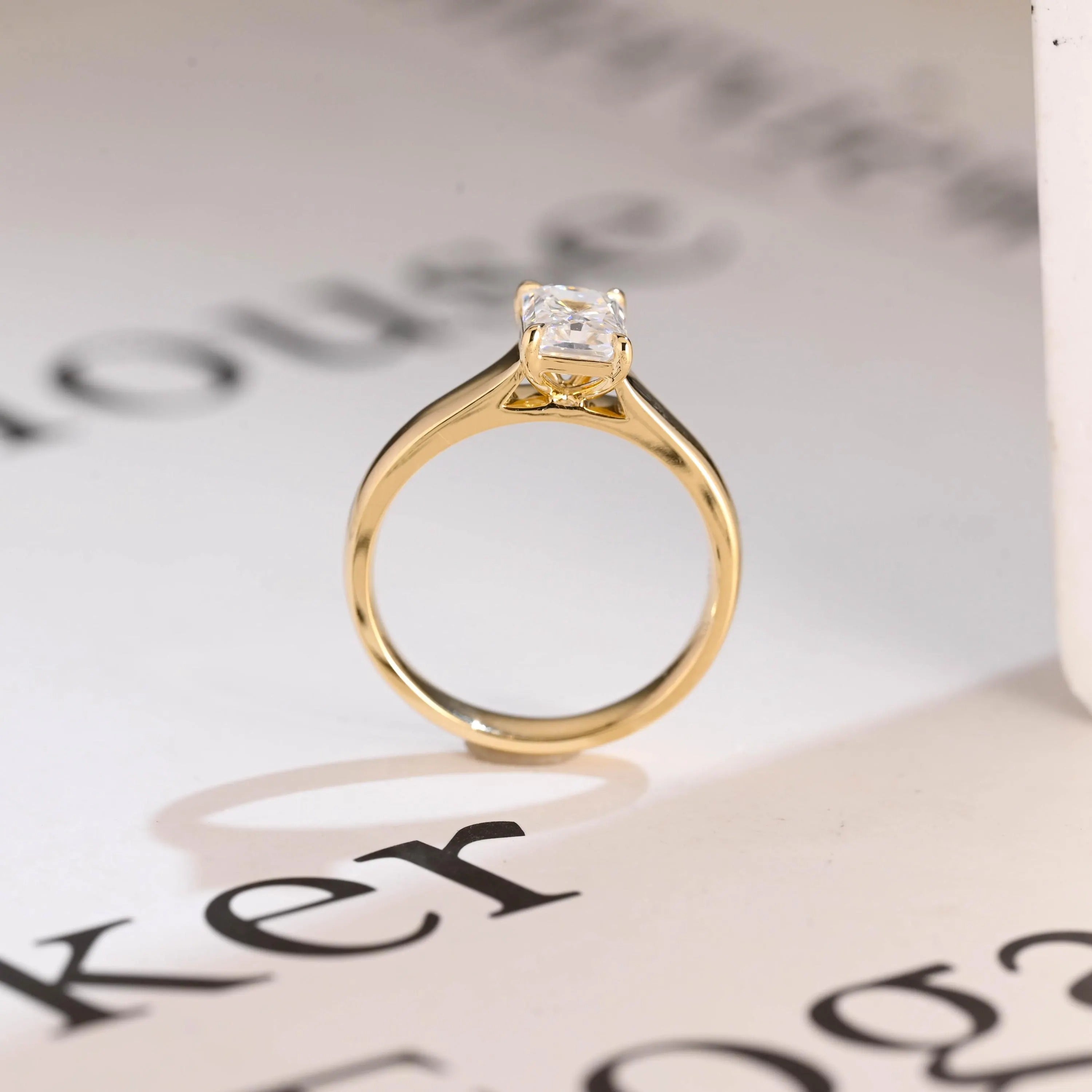 Solid Gold Radiant Cut Moissanite Engagement Ring, Art Deco Proposal Ring