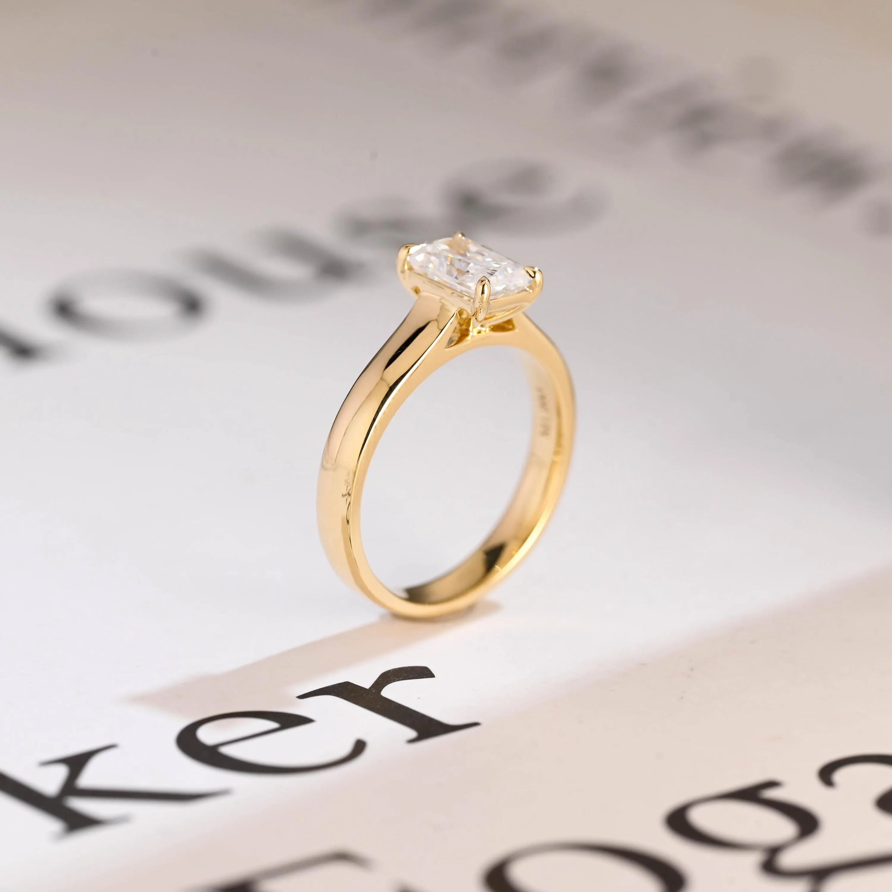 Solid Gold Radiant Cut Moissanite Engagement Ring, Art Deco Proposal Ring