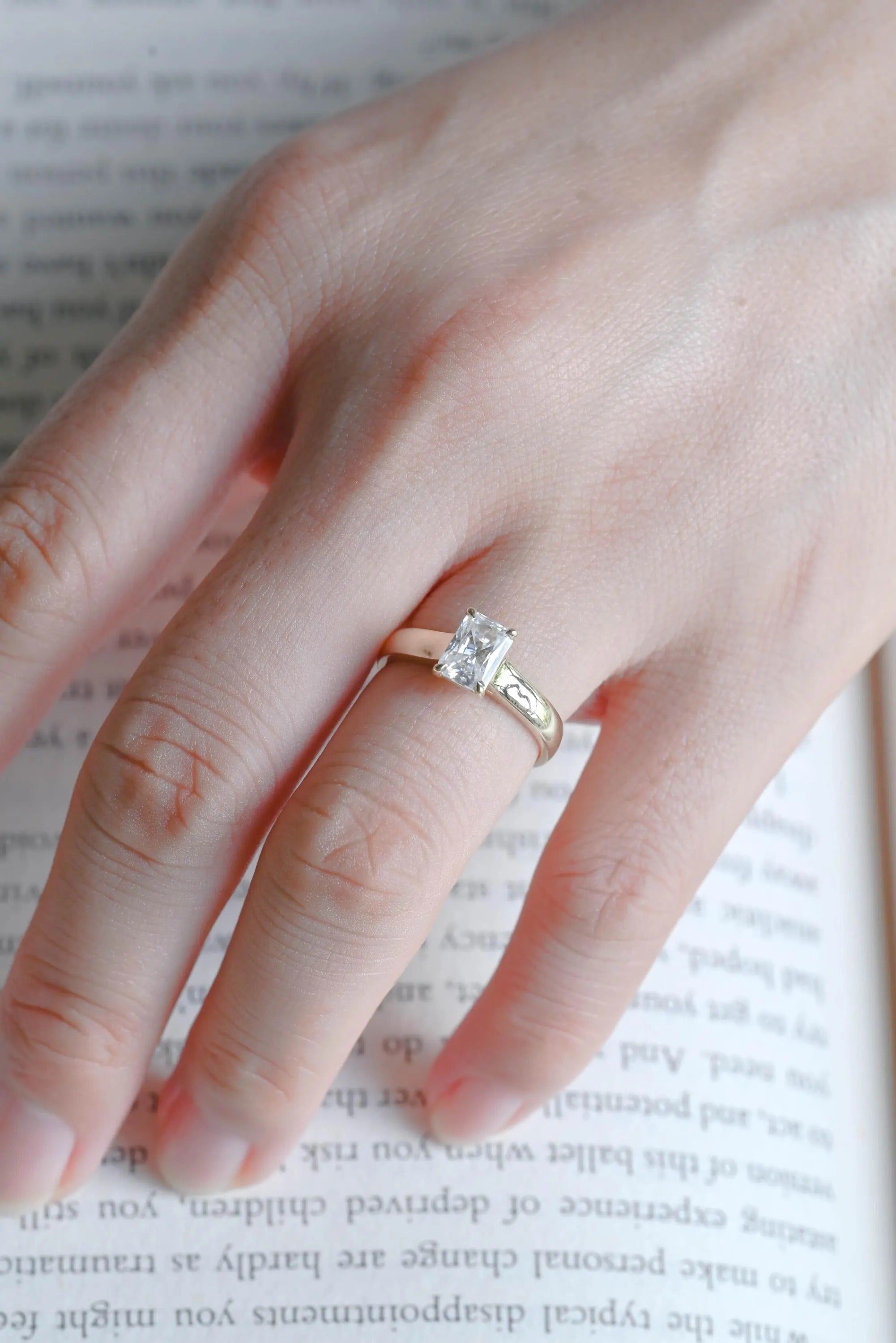 Solid Gold Radiant Cut Moissanite Engagement Ring, Art Deco Proposal Ring