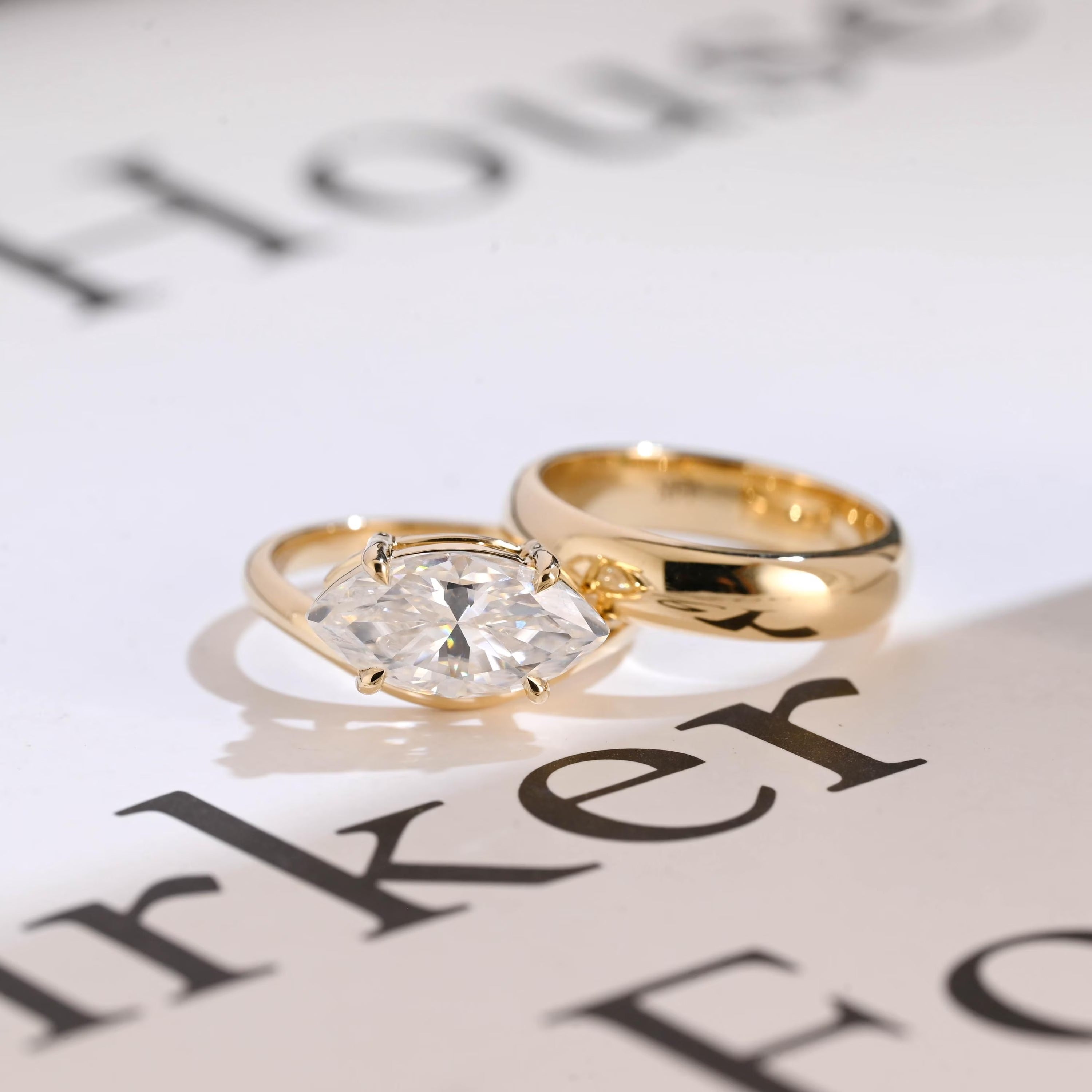 Solid Gold East-West Marquise Cut Moissanite Wedding Band Set, Bridal Set Main image