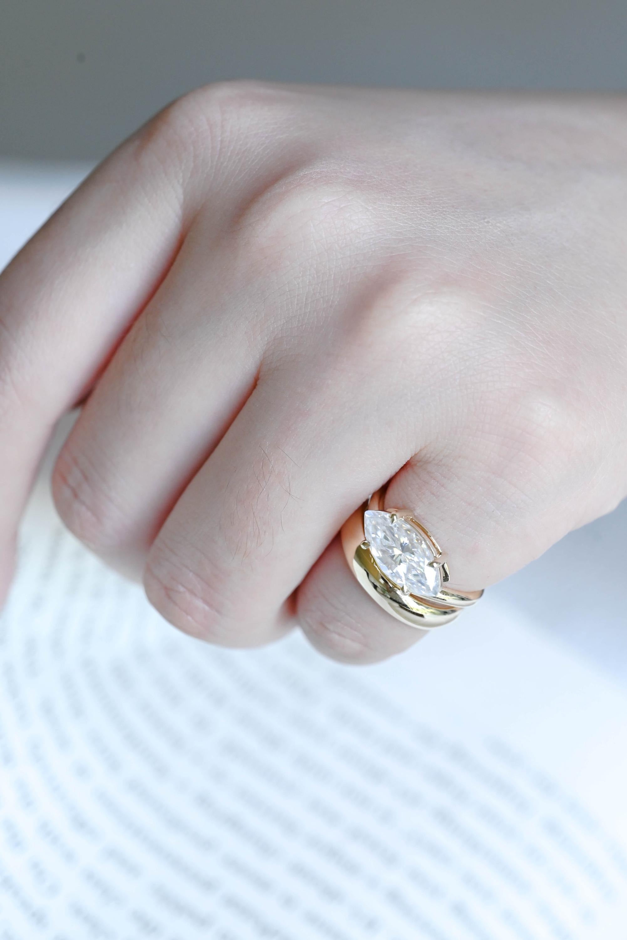 Solid Gold East-West Marquise Cut Moissanite Wedding Band Set, Bridal Set