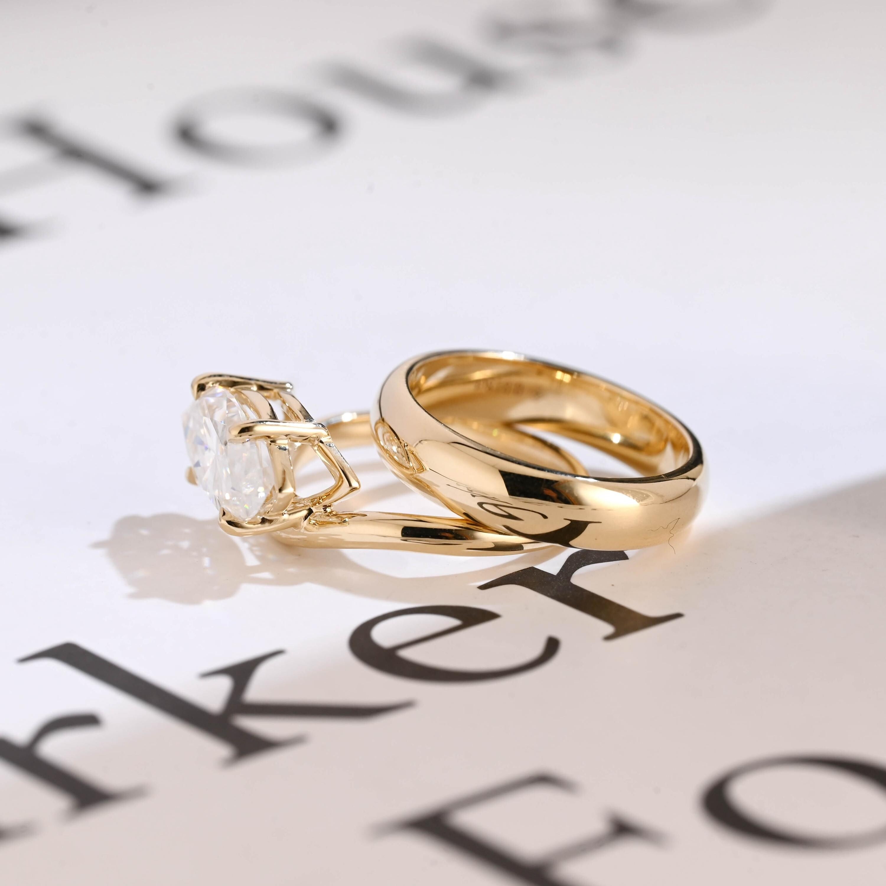 Solid Gold East-West Marquise Cut Moissanite Wedding Band Set, Bridal Set