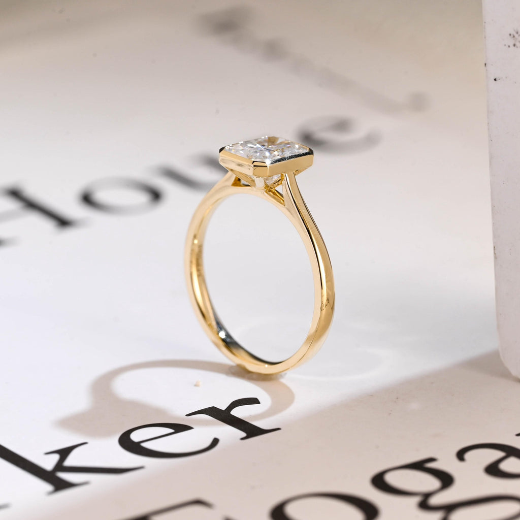 Solid Gold Radiant Cut Moissanite Engagement Ring, Graduated Band Ring