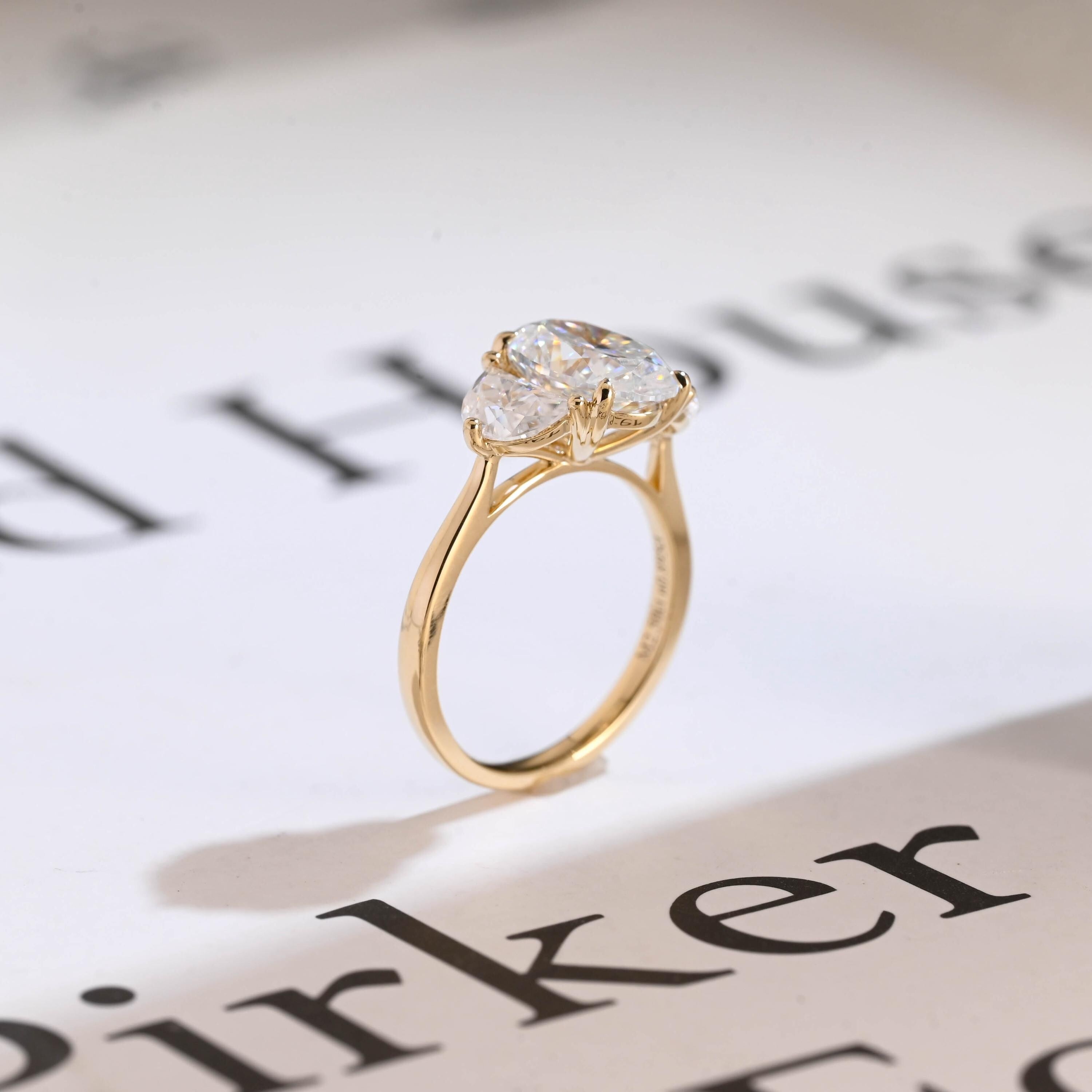 Solid Gold Oval Moissanite Engagement Ring with Half-moon Side Stones