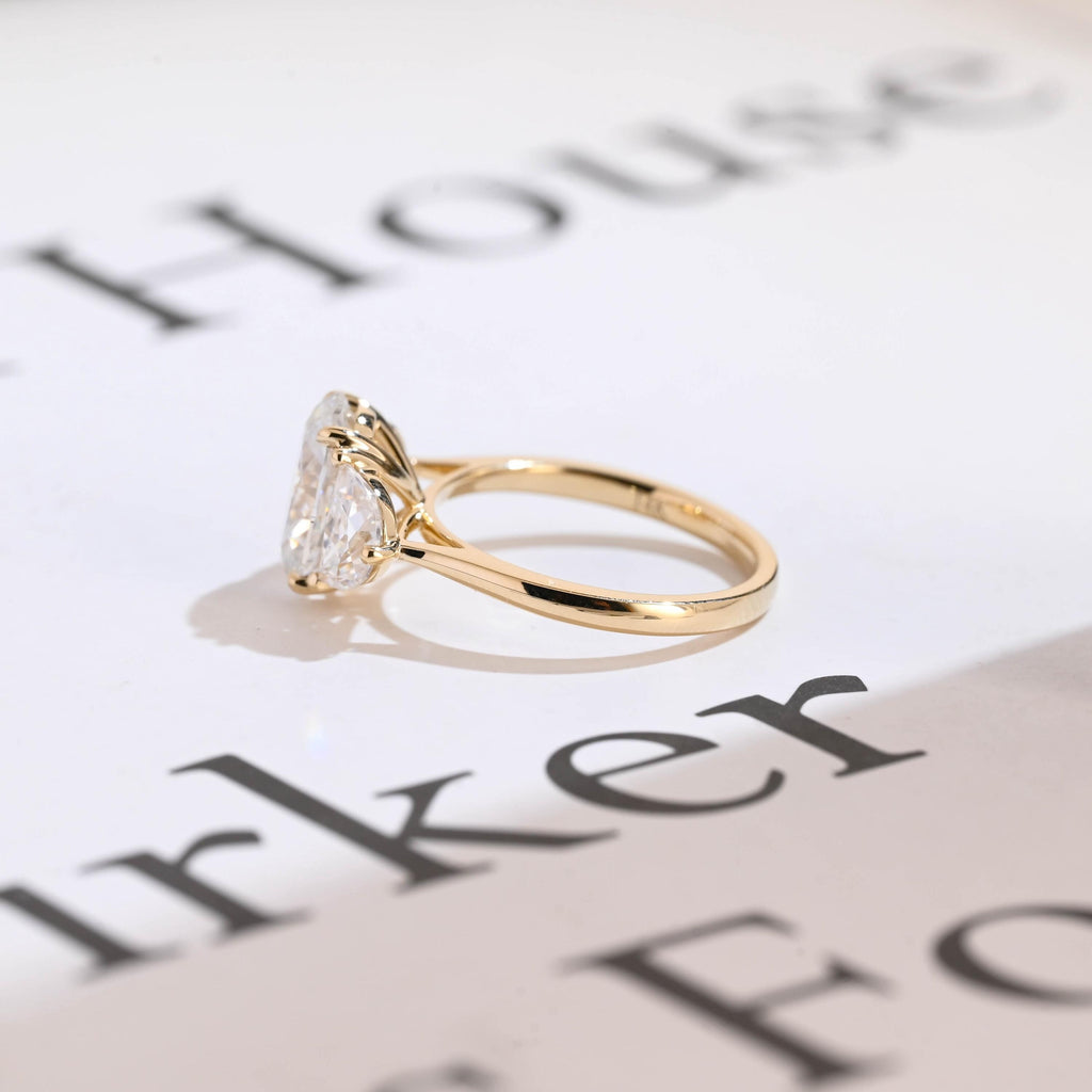 Solid Gold Oval Moissanite Engagement Ring with Half-moon Side Stones