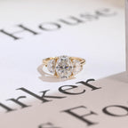 Solid Gold Oval Moissanite Engagement Ring with Half-moon Side Stones
