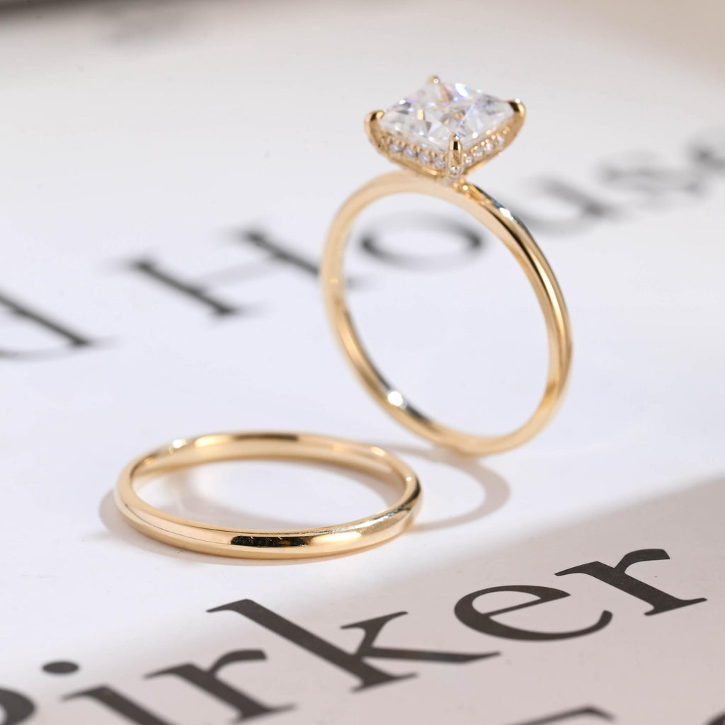 Solid Gold Princess Cut Moissanite Engagement Ring and Wedding Ring Set, Anniversary Gift for Her