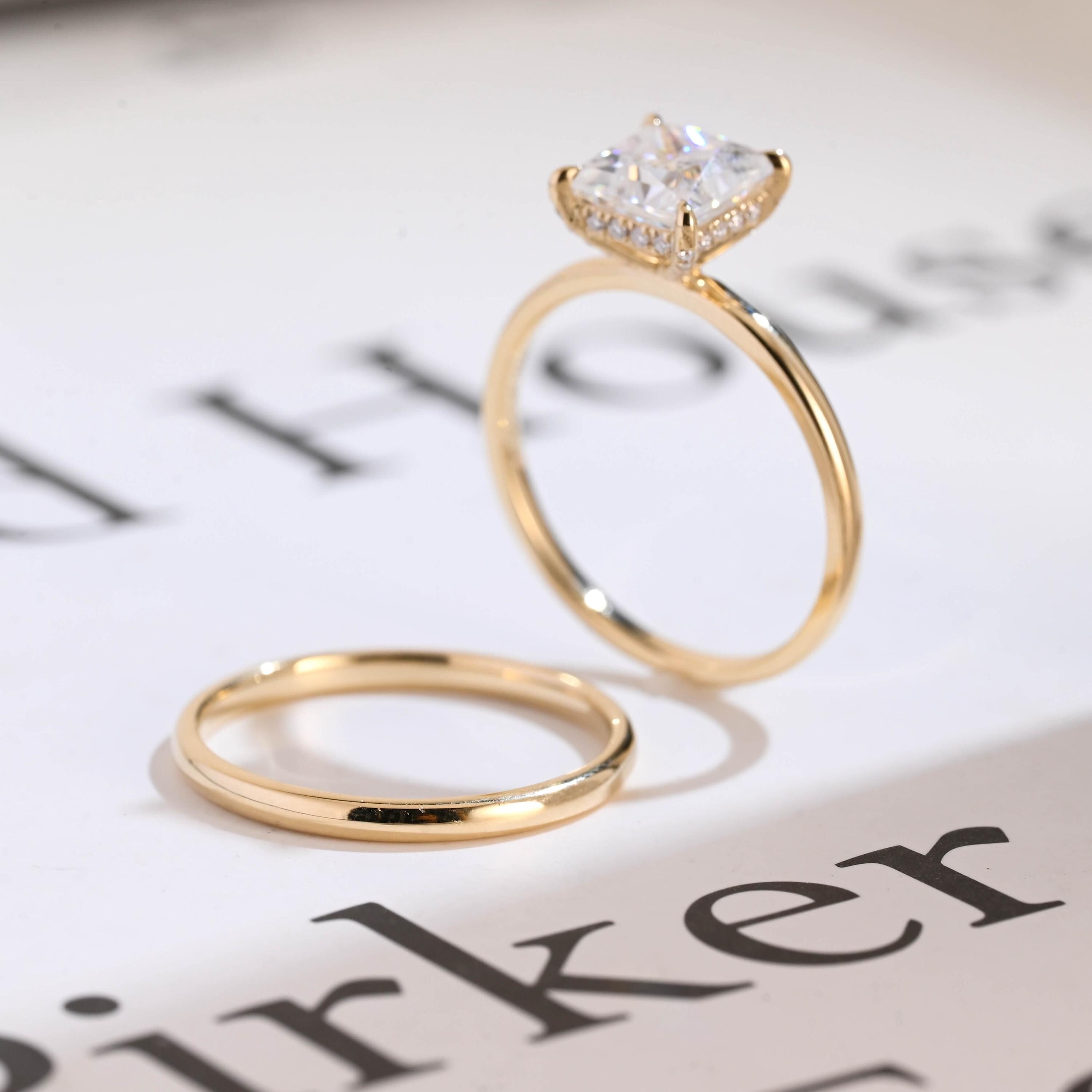 Solid Gold Princess Cut Moissanite Engagement Ring and Wedding Ring Set, Anniversary Gift for Her