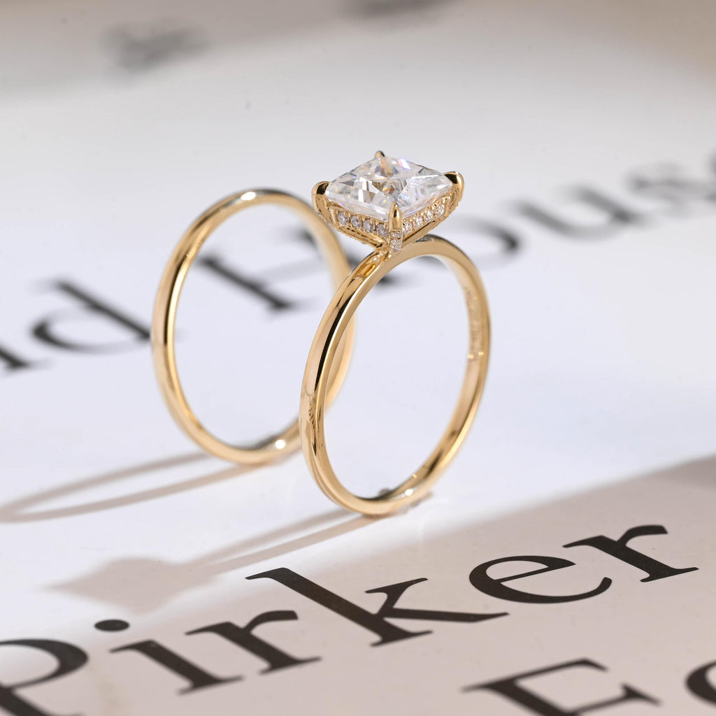 Solid Gold Princess Cut Moissanite Engagement Ring and Wedding Ring Set, Anniversary Gift for Her