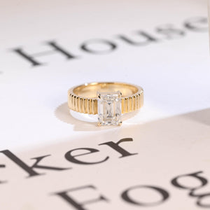 Solid Gold 4mm Ribbed Band Emerald Cut Moissanite Engagement Ring, Promise Ring
