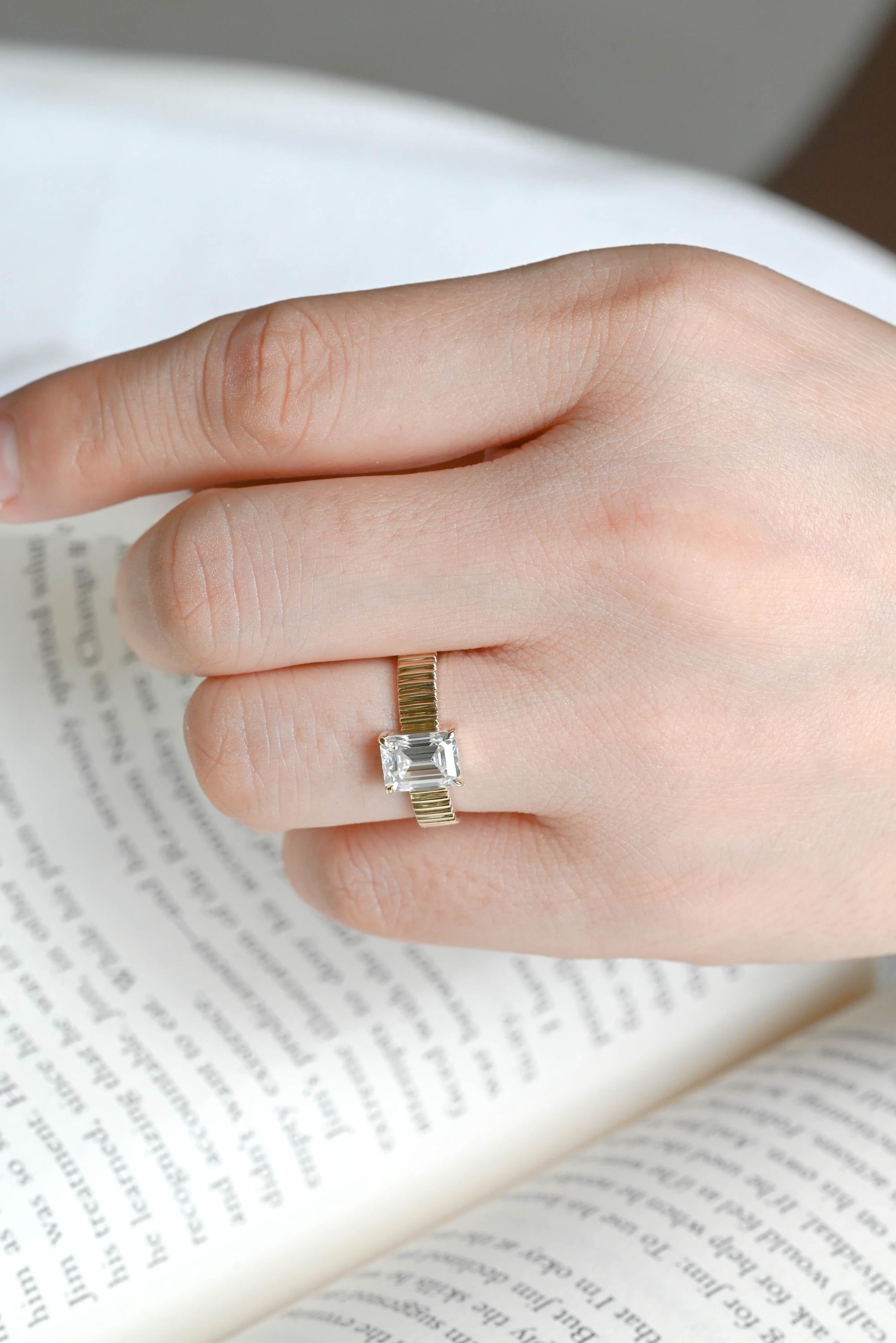 Solid Gold 4mm Ribbed Band Emerald Cut Moissanite Engagement Ring, Promise Ring Secondary image
