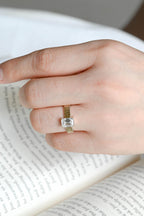 Solid Gold 4mm Ribbed Band Emerald Cut Moissanite Engagement Ring, Promise Ring