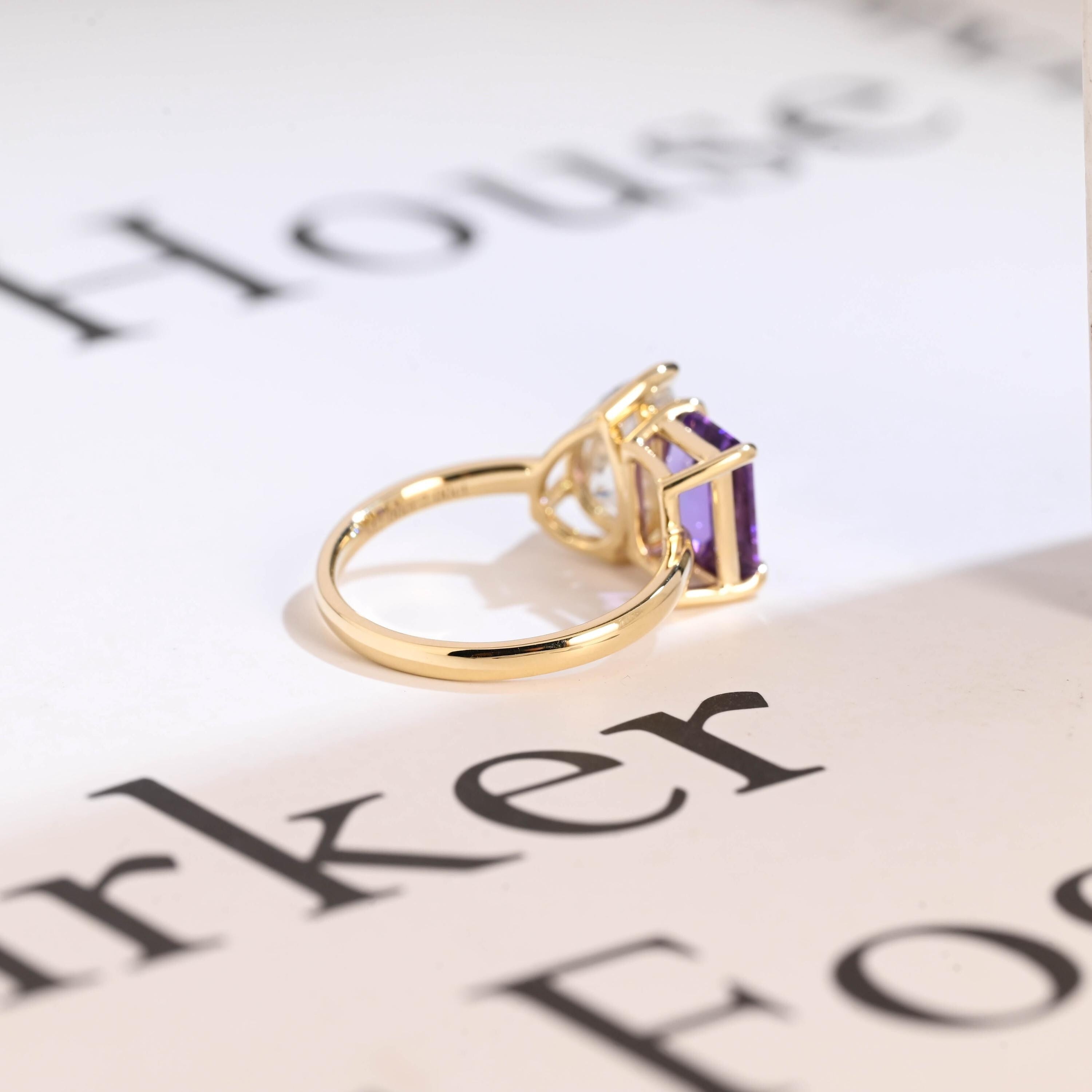Solid Gold Toi et Moi Pear Moissanite & Emerald Amethyst Engagement Ring
