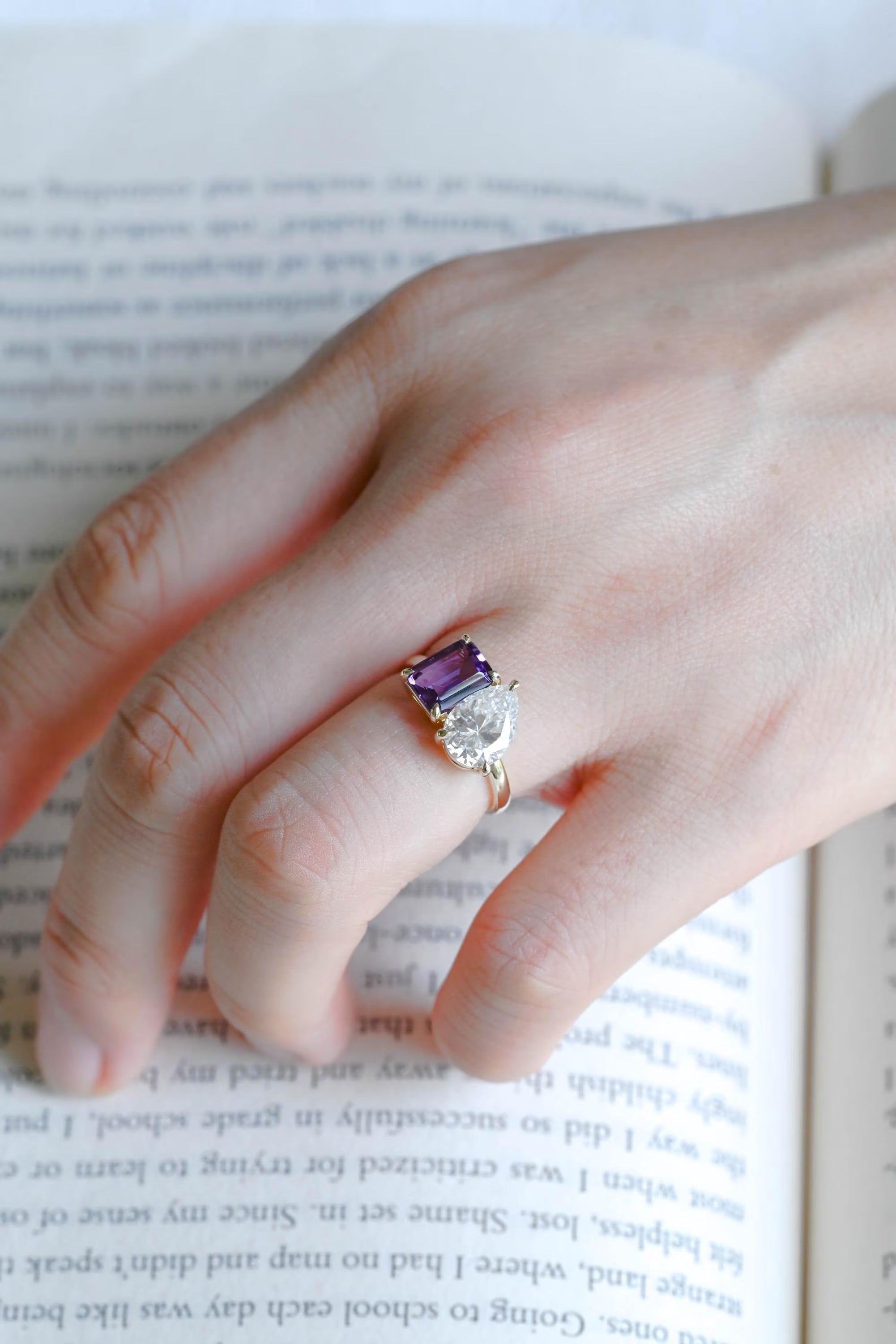 Solid Gold Toi et Moi Pear Moissanite & Emerald Amethyst Engagement Ring