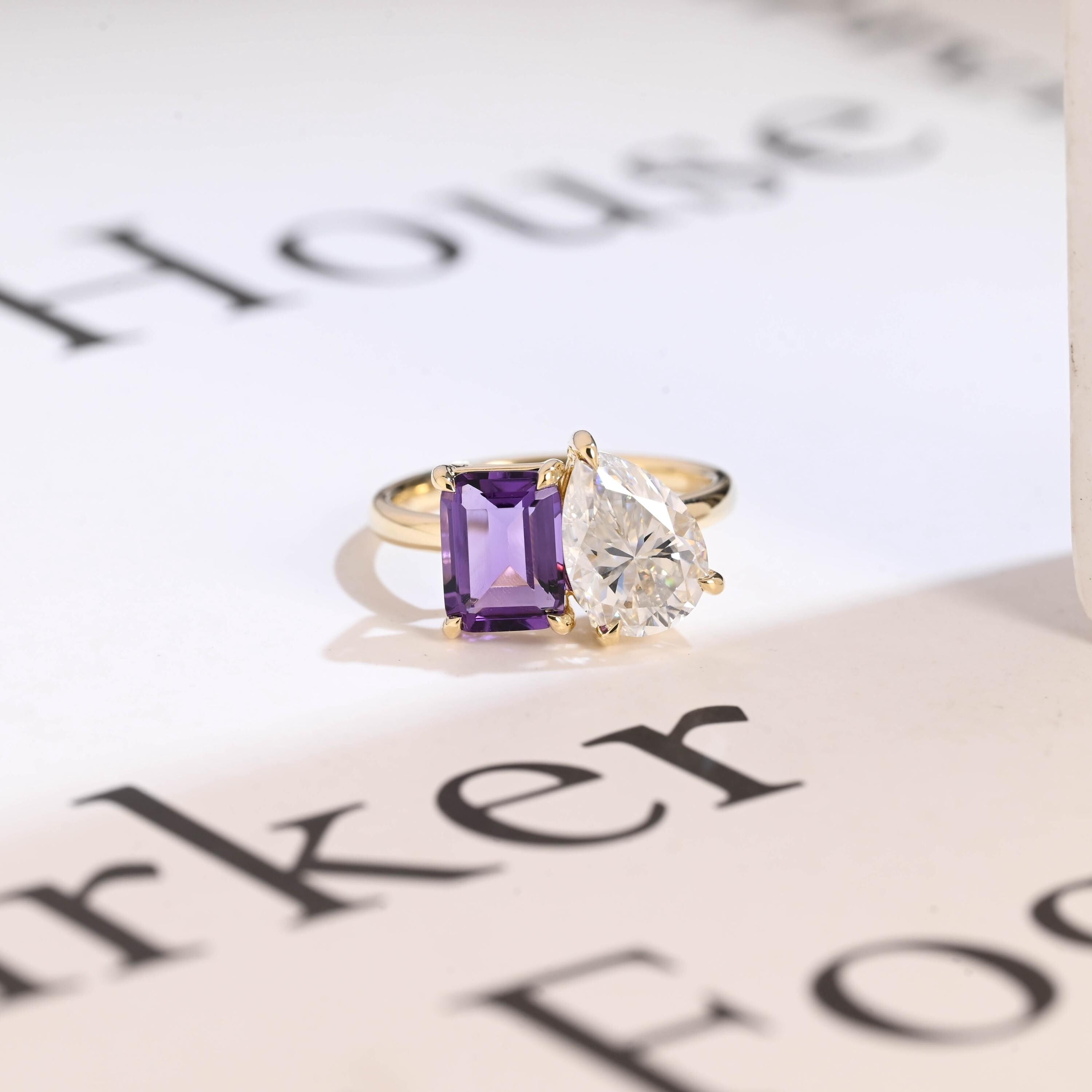 Solid Gold Toi et Moi Pear Moissanite & Emerald Amethyst Engagement Ring Main image