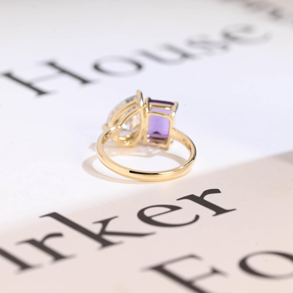 Solid Gold Toi et Moi Pear Moissanite & Emerald Amethyst Engagement Ring