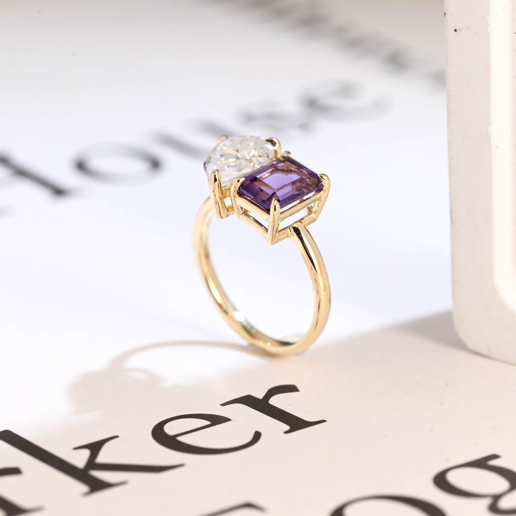 Solid Gold Toi et Moi Pear Moissanite & Emerald Amethyst Engagement Ring