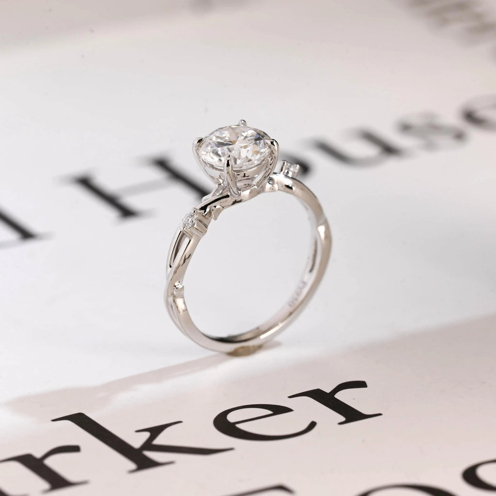 Solid Gold Round Cut Moissanite Engagement Ring, Twisted Band Ring