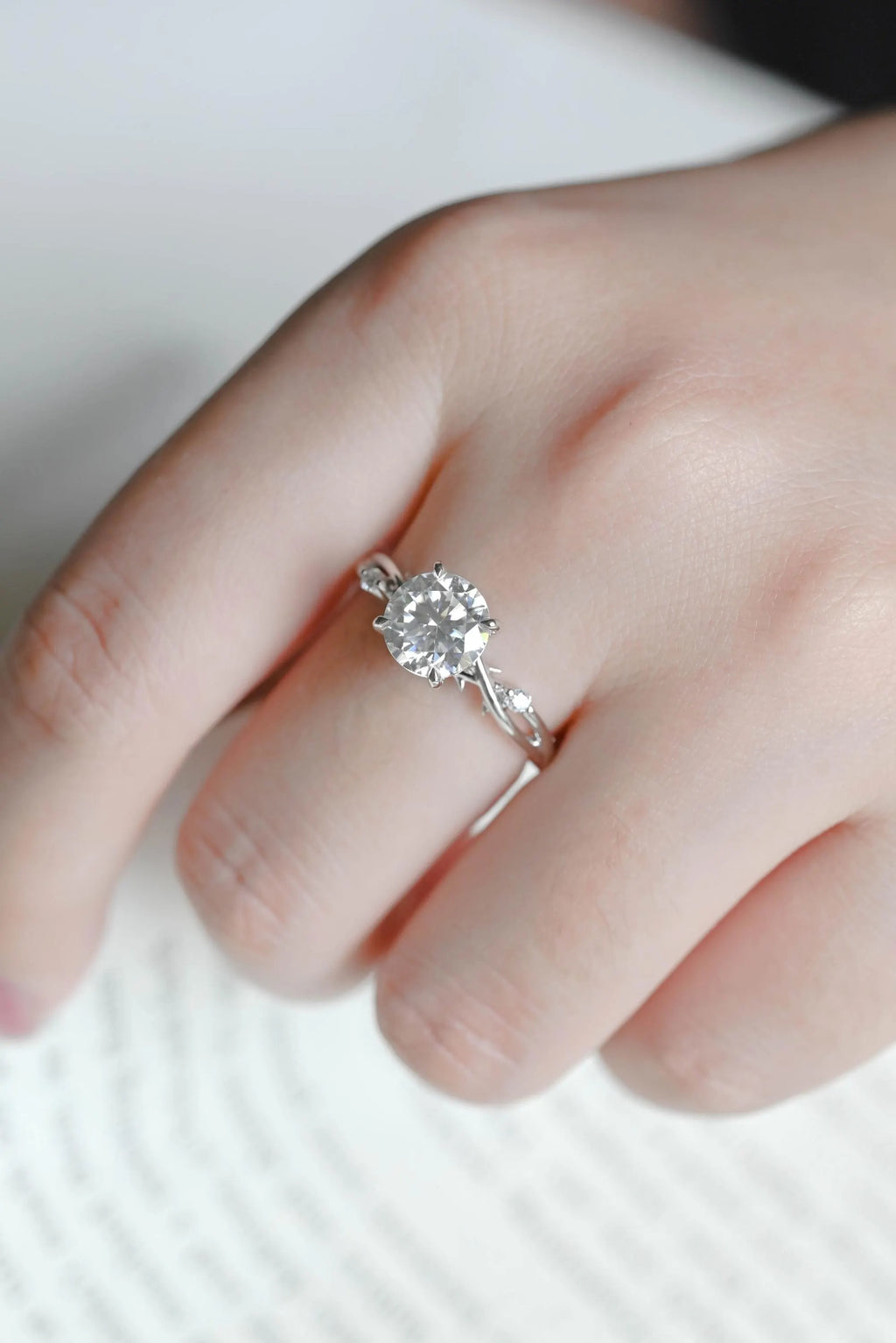 Solid Gold Round Cut Moissanite Engagement Ring, Twisted Band Ring