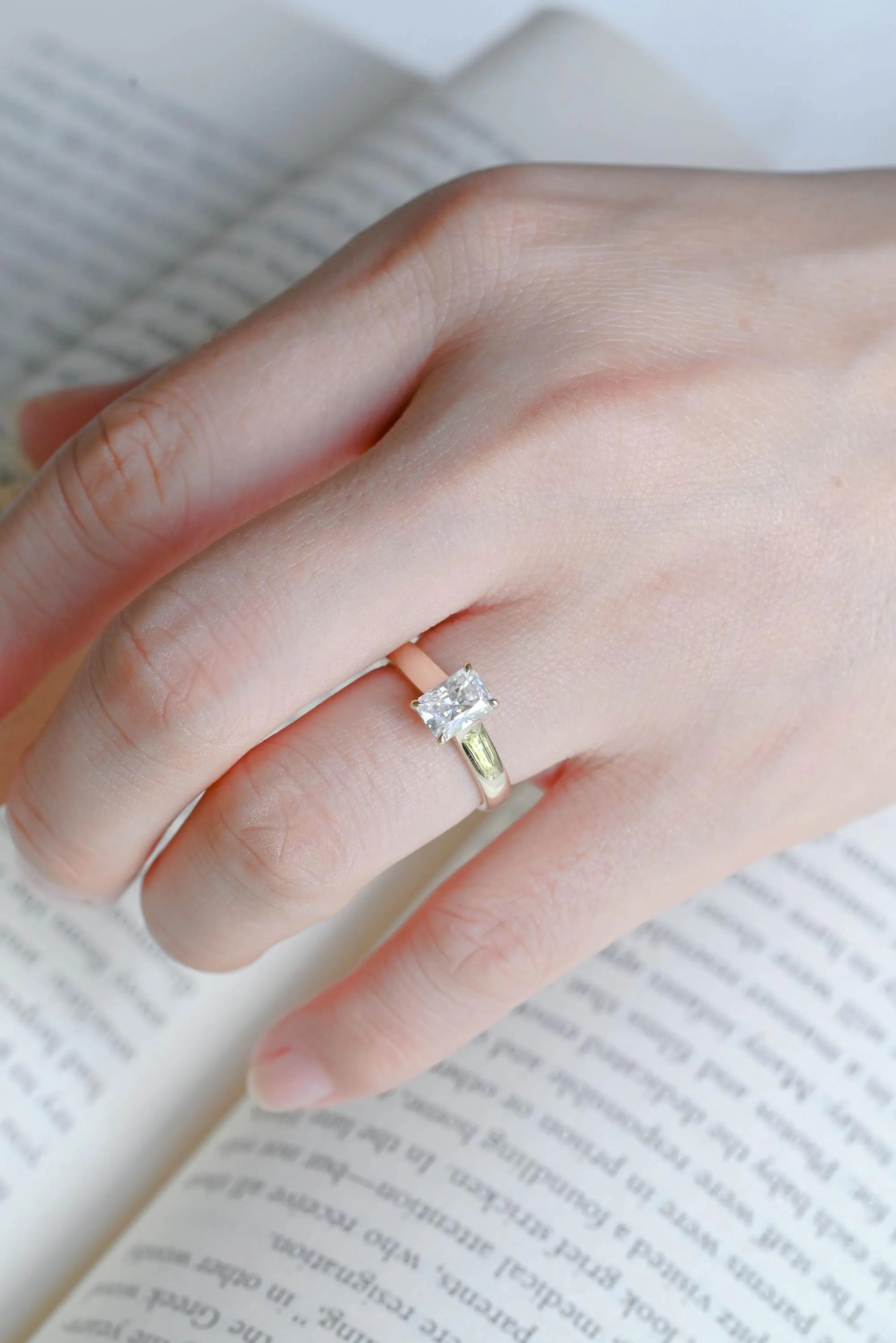 Solid Gold Radiant Cut Moissanite Engagement Ring, Art Deco Proposal Ring