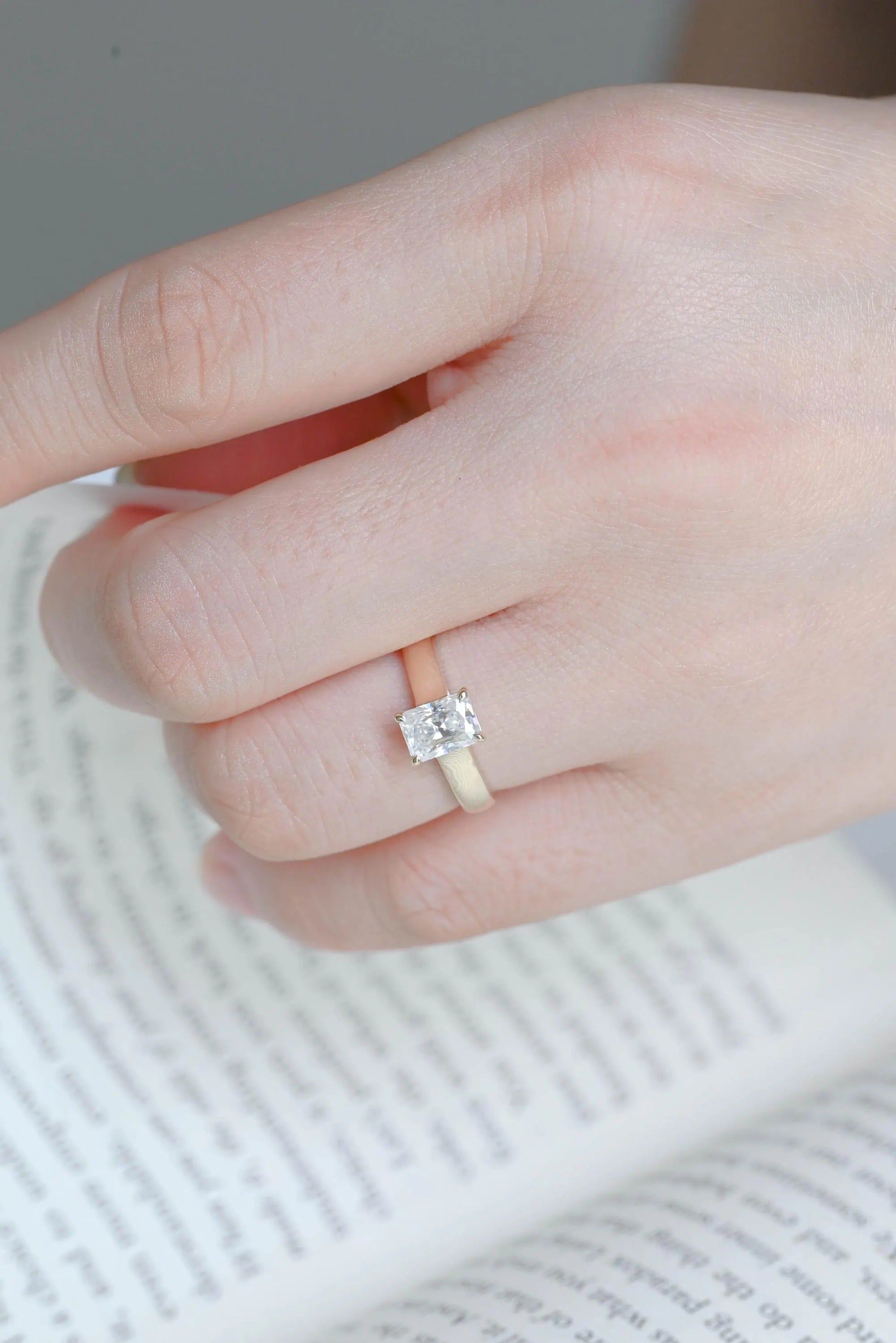 Solid Gold Radiant Cut Moissanite Engagement Ring, Art Deco Proposal Ring
