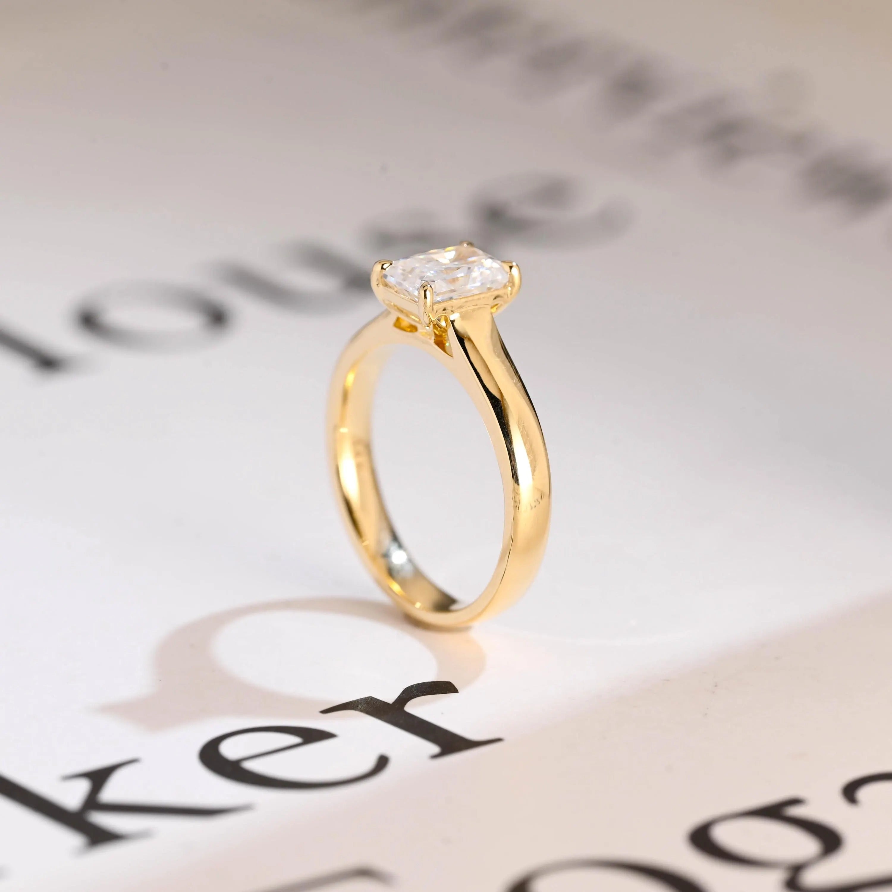 Solid Gold Radiant Cut Moissanite Engagement Ring, Art Deco Proposal Ring