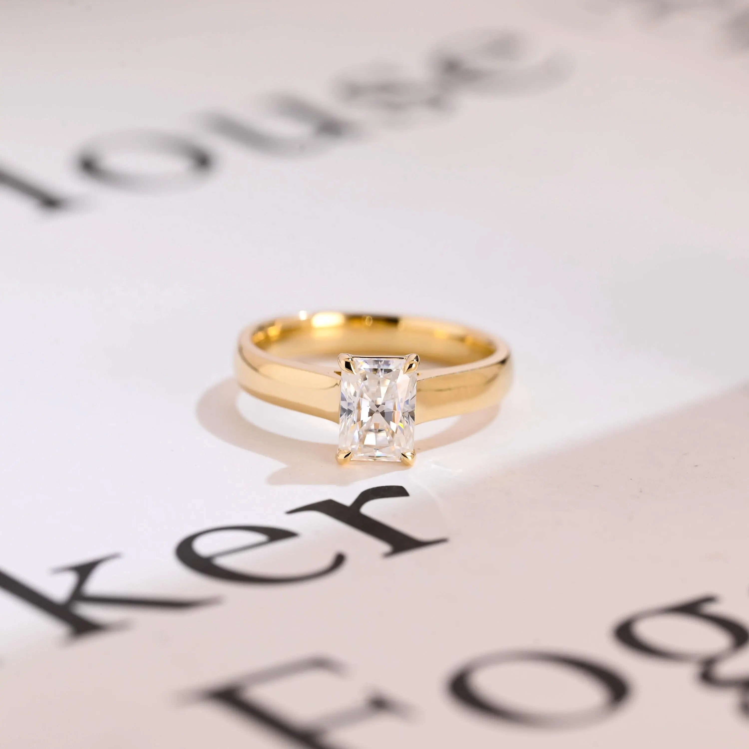 Solid Gold Radiant Cut Moissanite Engagement Ring, Art Deco Proposal Ring Main image