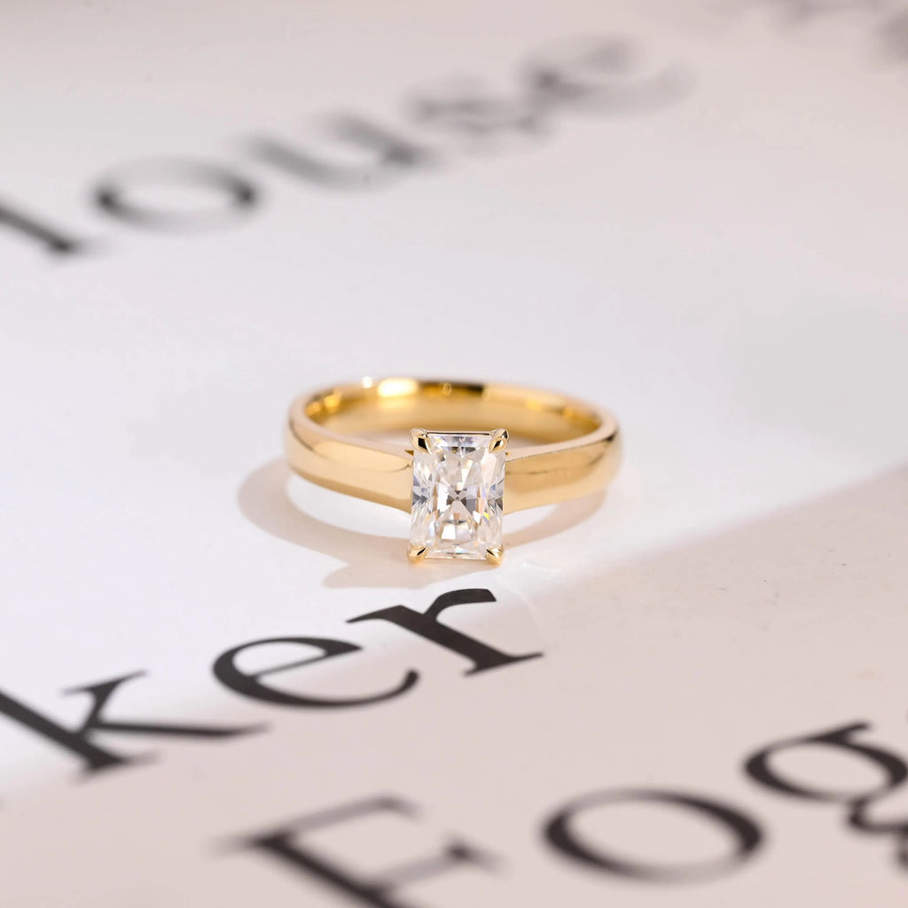 Solid Gold Radiant Cut Moissanite Engagement Ring, Art Deco Proposal Ring