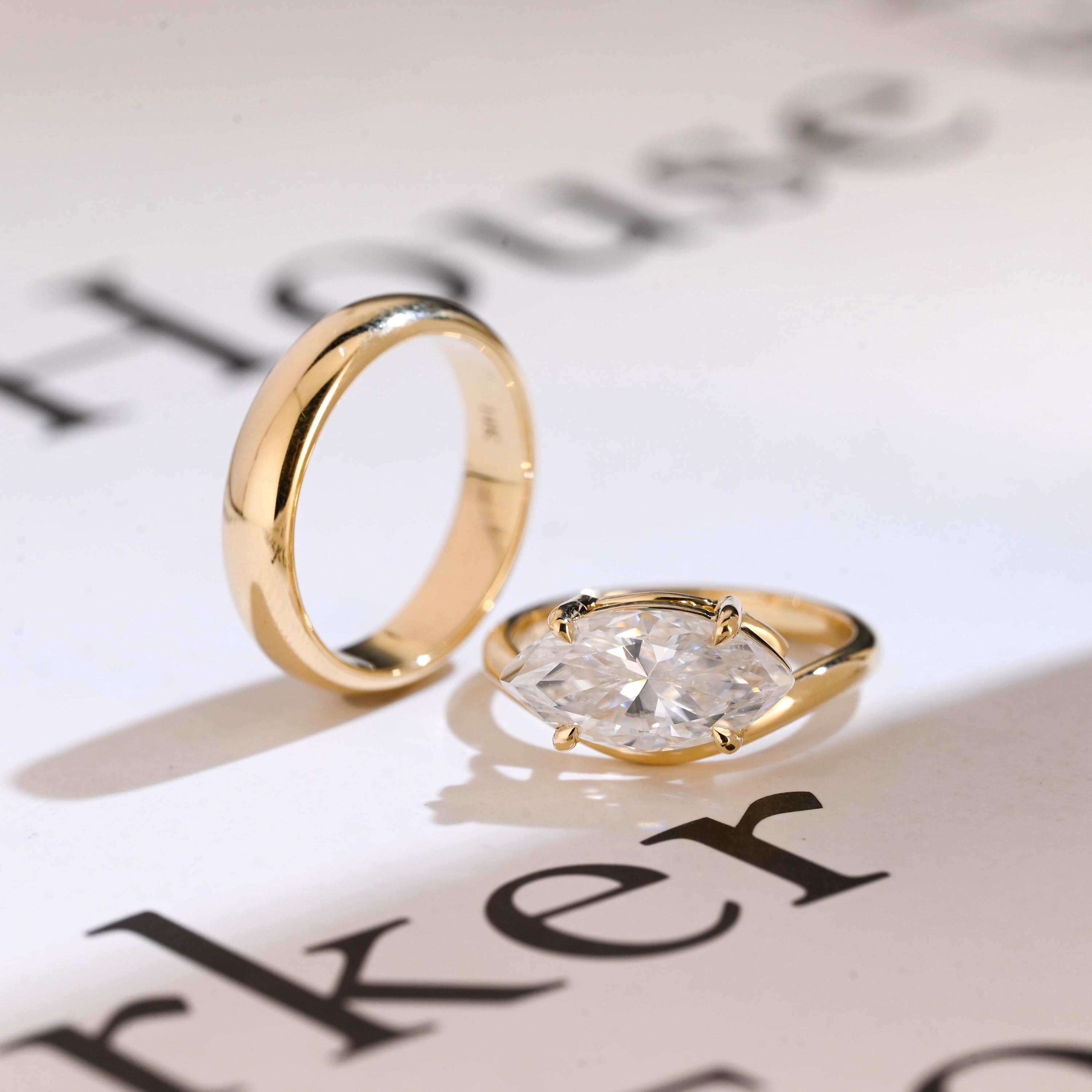 Solid Gold East-West Marquise Cut Moissanite Wedding Band Set, Bridal Set