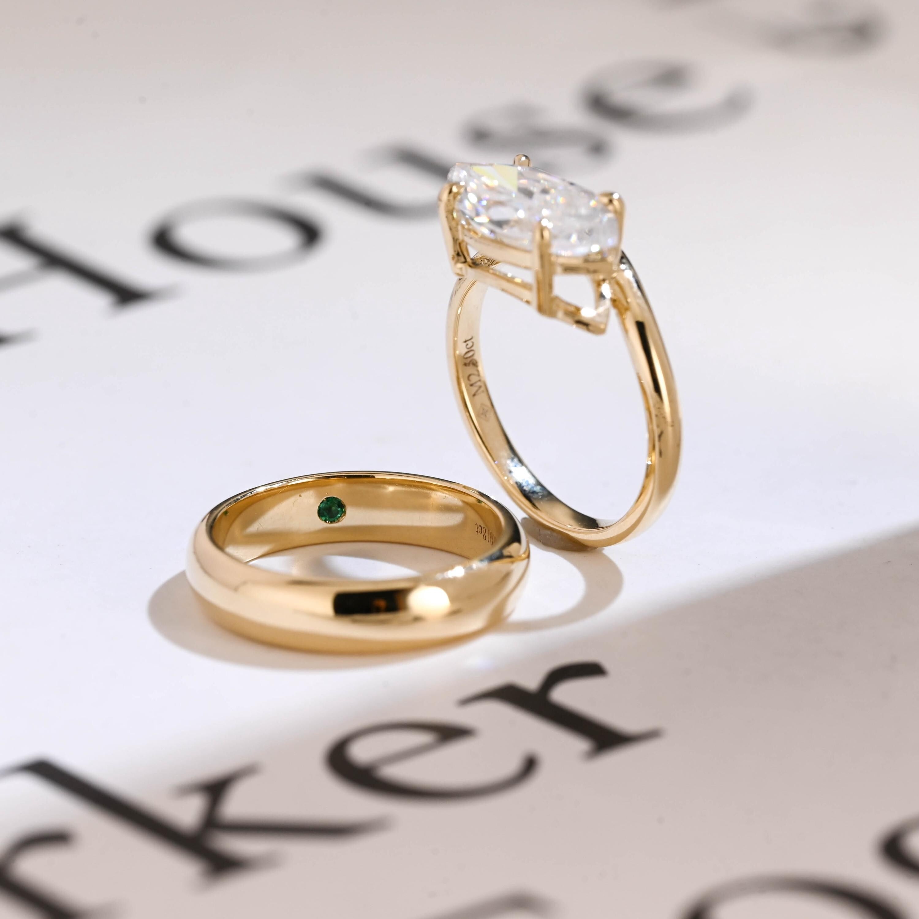 Solid Gold East-West Marquise Cut Moissanite Wedding Band Set, Bridal Set